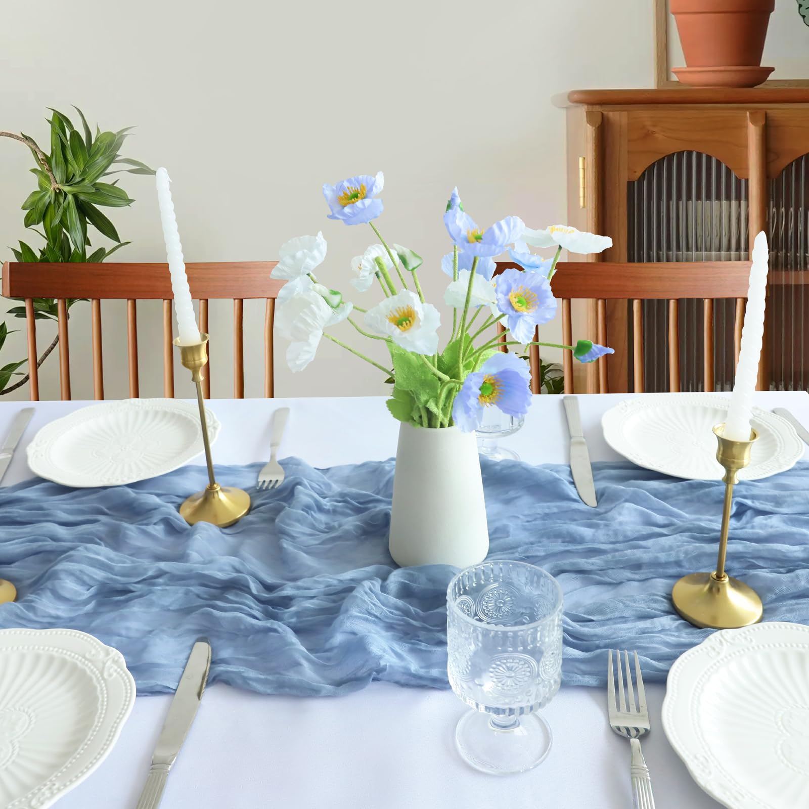 Blue Table Runner, 10FT Dust Blue Cheesecloth Table Runners 35*120inch Boho Gauze Tablecloth for Wedding Bridal Shower Baby Show