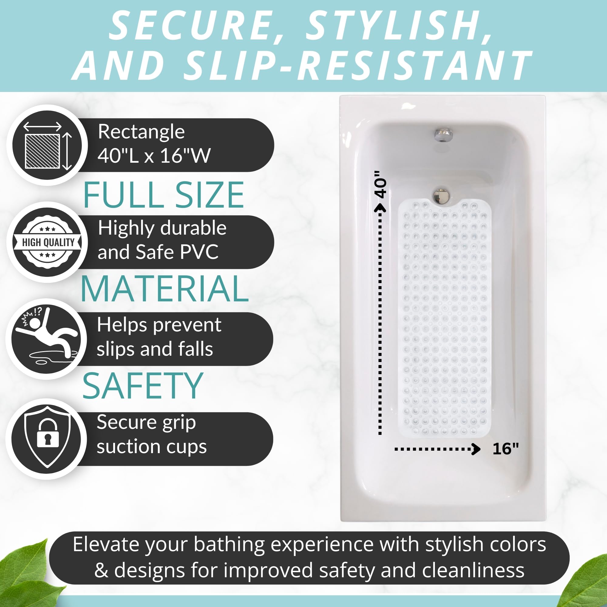 Enkosi Clear Bath Mat Non Slip With Secure Suction Cups - Large Non Slip Bathtub And Shower Mat - Extra Long 40 X 16 Inch Bathro