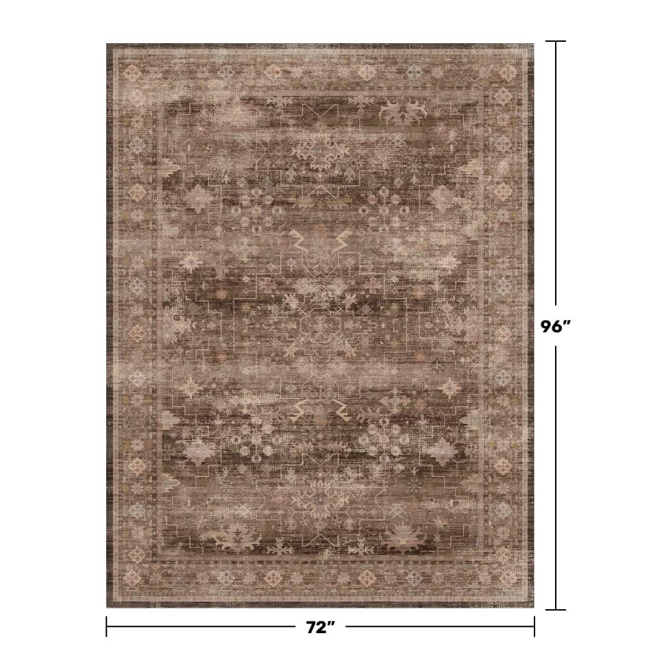 Hazo Haus Boho Brown Living Room Rug 6x8 - Modern Vintage Traditional Oriental Taupe Neutral, Washable Low Pile Non-Slip Extra L