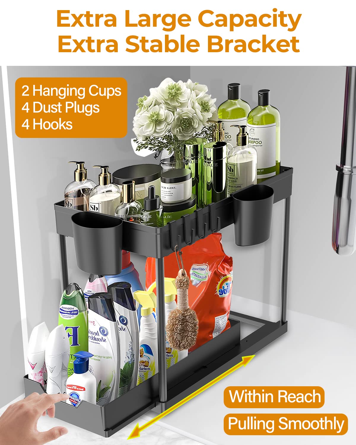 2 Pack Under Sink Organizers And Storage Bathroom, 2 Tier Under Sliding Kicthen Cabinet Basket Organizer With Hooks, Hanging Cup