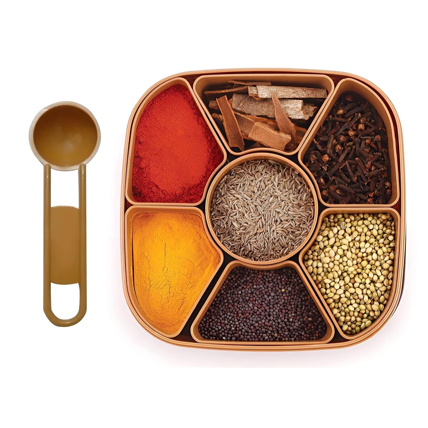 SUNRAY ENTERPRISES Spice Container Organizer with 7 Compartments, Orange, Basket Weave Design, with Serving Spoon and Tray Plast