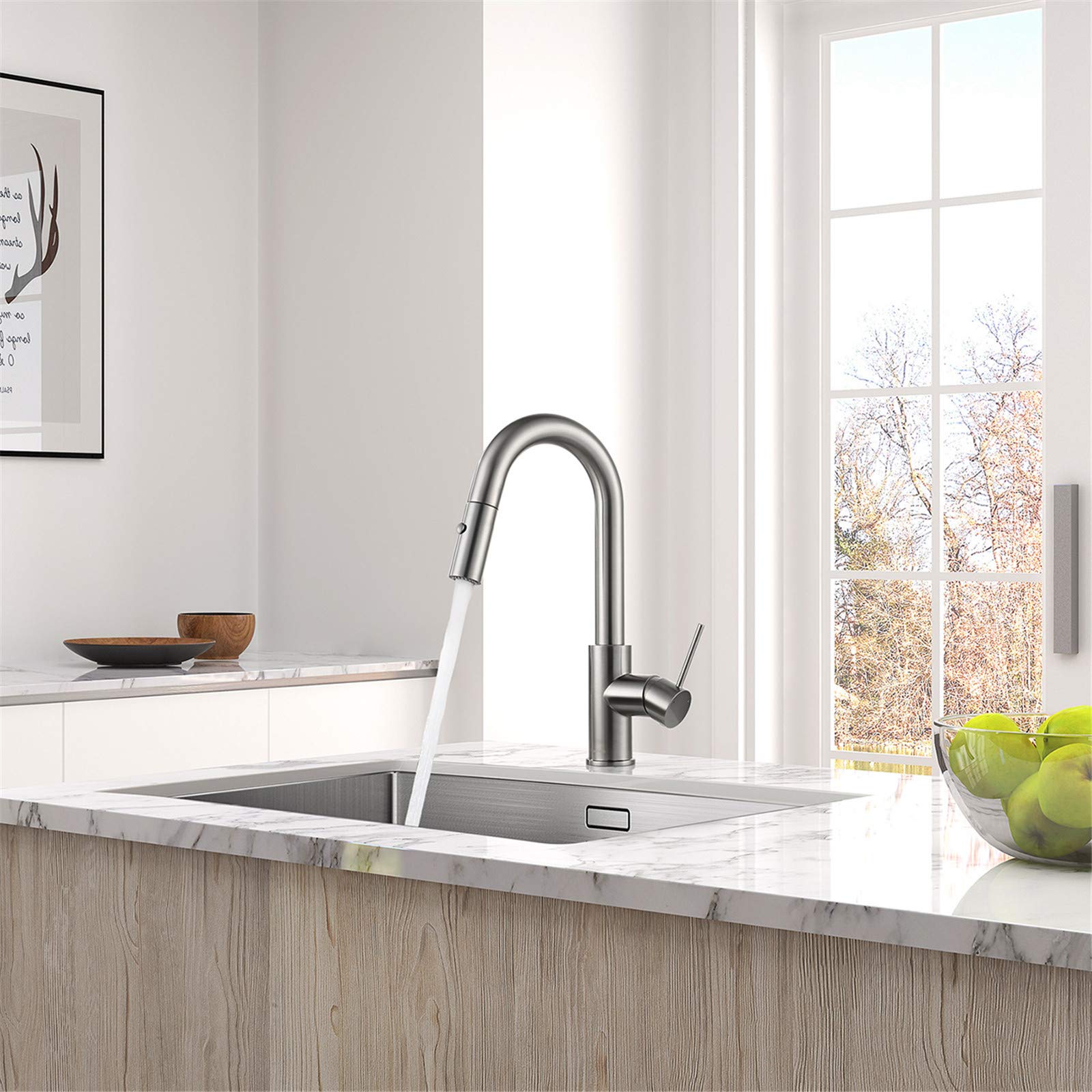 AguaStella AS59BN Brushed Nickel Bar Faucet or Prep Kitchen Sink Faucet with Pull Down Sprayer and Single Handle