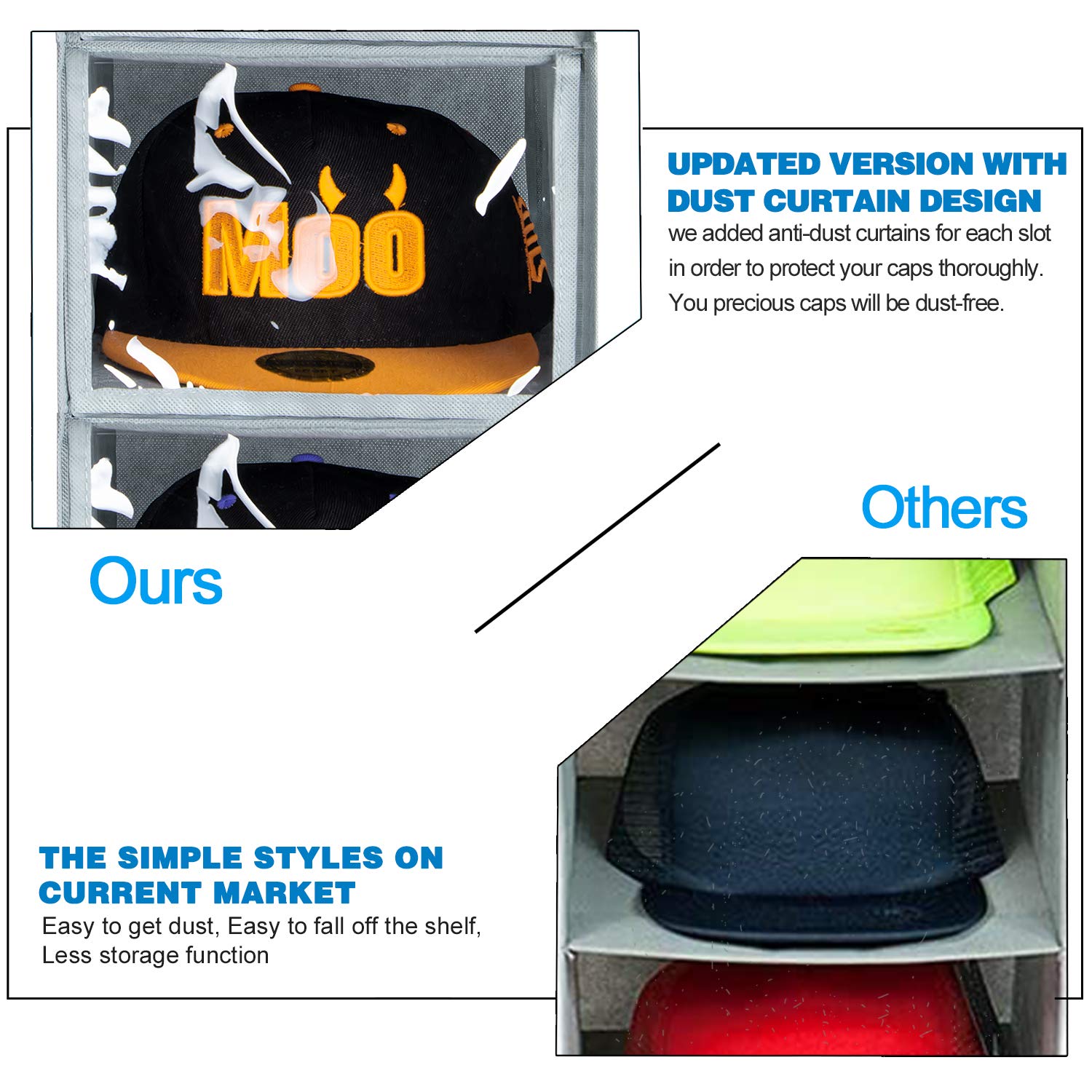 VAESIDA Hat Rack - 10 Shelf Upgraded Version Hat Organizer for Closet with Dust Shield & Side Mesh Storage Pockets - Hat Holder & Hat Racks for Baseball Caps