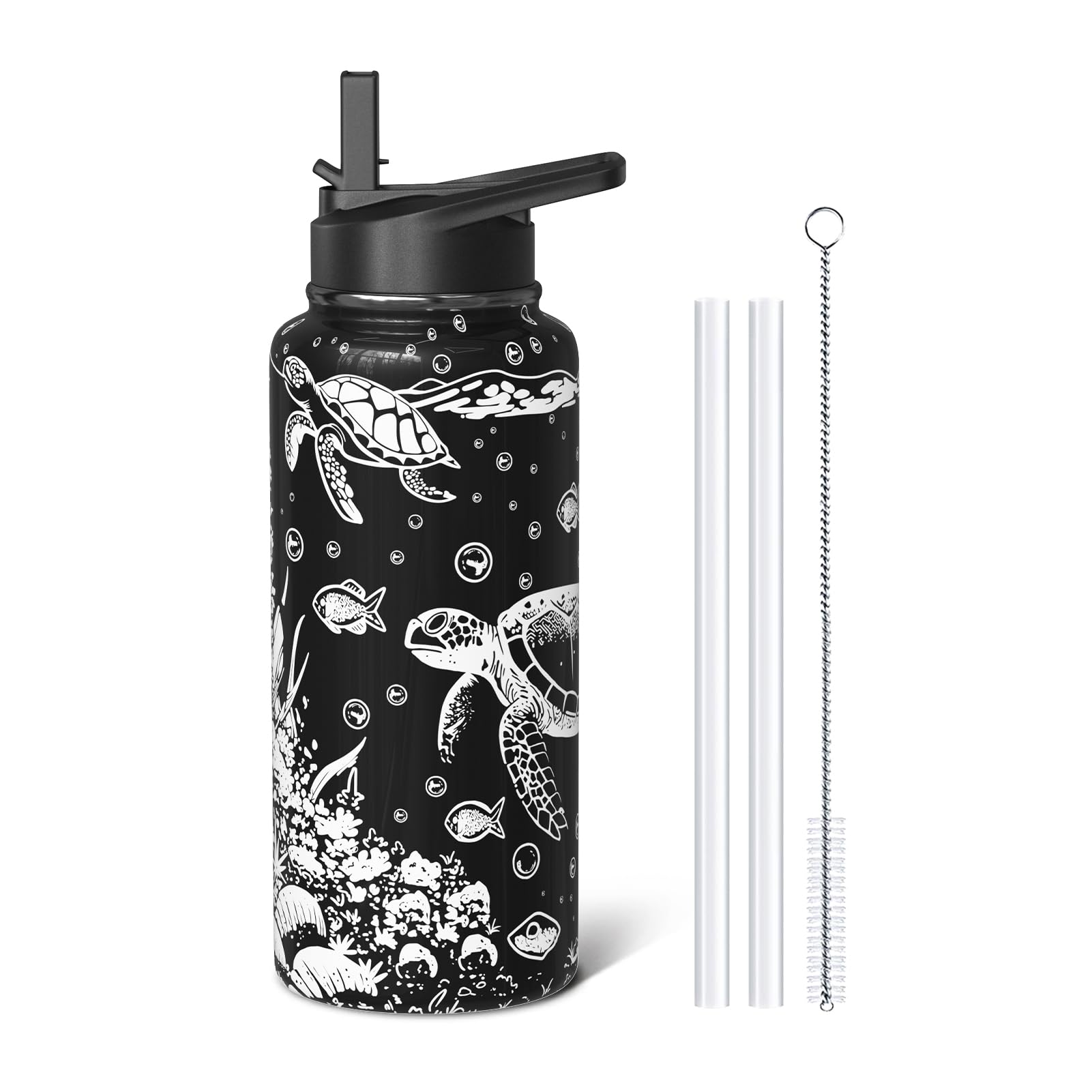 Sabobo 32oz Black Sea Turtle Sport Water Bottles Gifts for Women Men