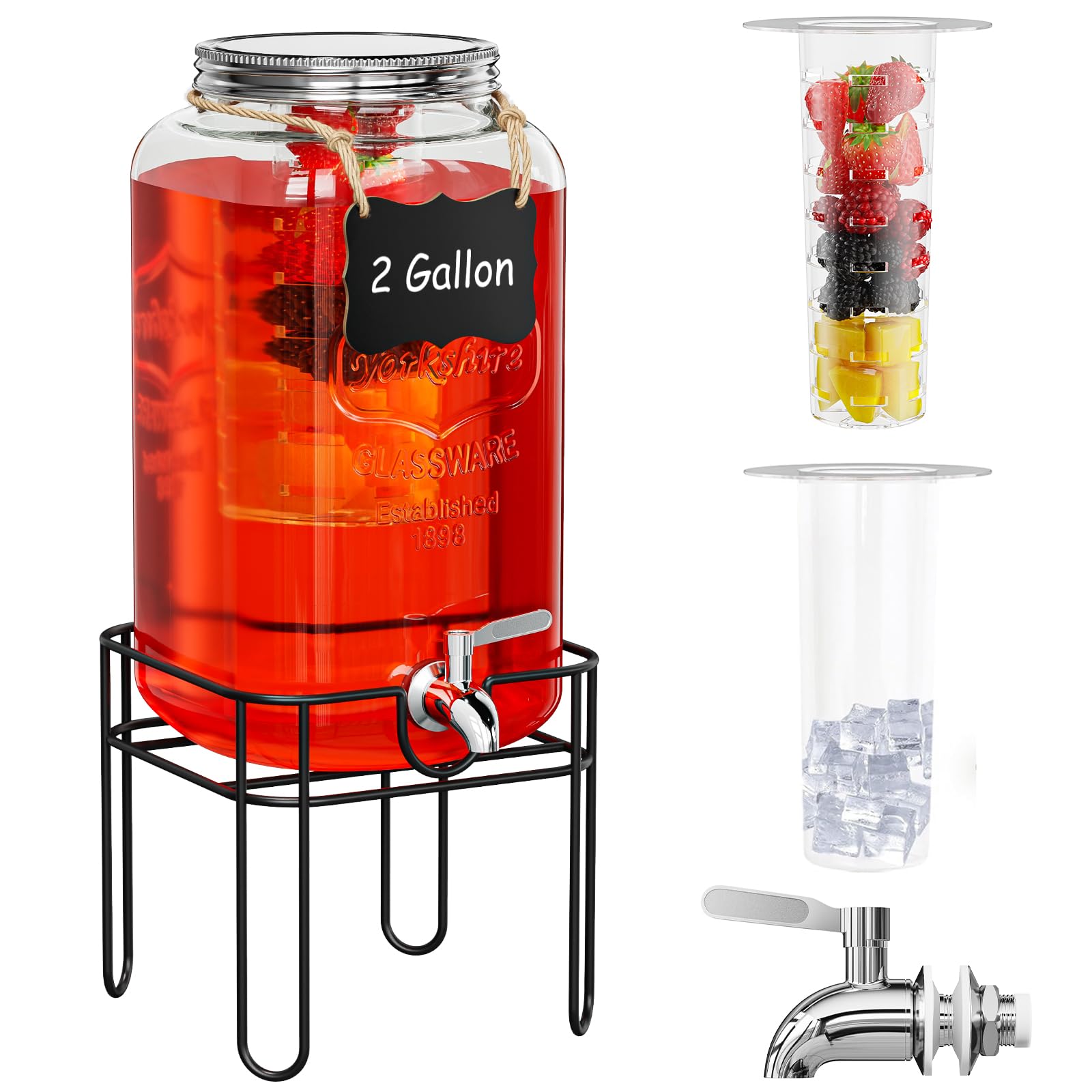 Onedream 2 Gallon Glass Drink Dispenser For Parties, Beverage Dispenserd With Stand, Lemonade Dispenser With Stainless Steel Spi