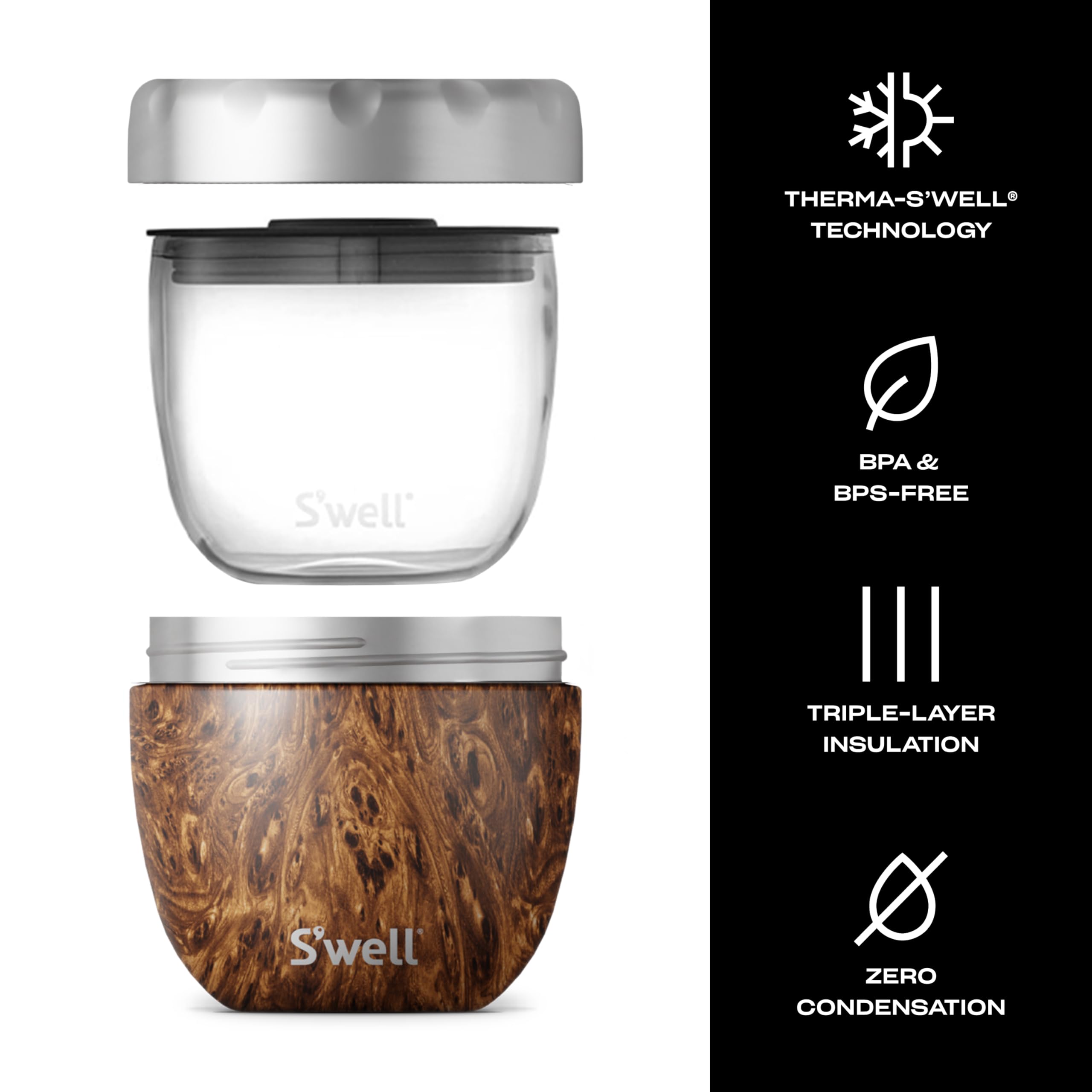 S'Well Eats Stainless Steel Food Bowls, 21.5Oz, Teakwood, Triple-Layered Vacuum-Insulated Containers Keeps Food Cold For 11 Hour