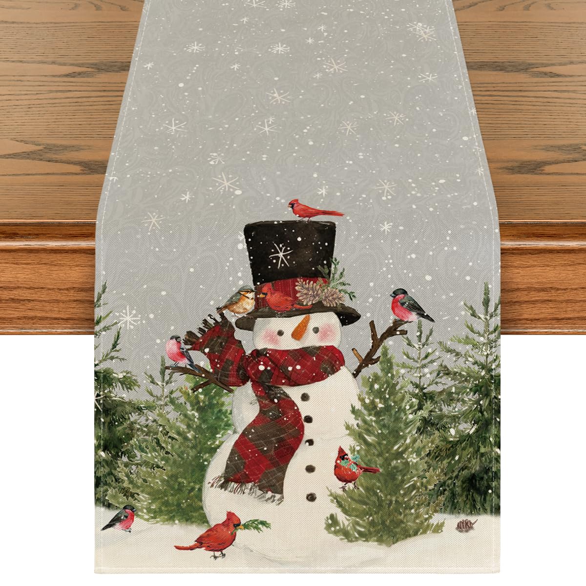Artoid Mode Snowman Birds Trees Christmas Table Runner, Seasonal Silver Winter Holiday Kitchen Dining Table Decoration For Home