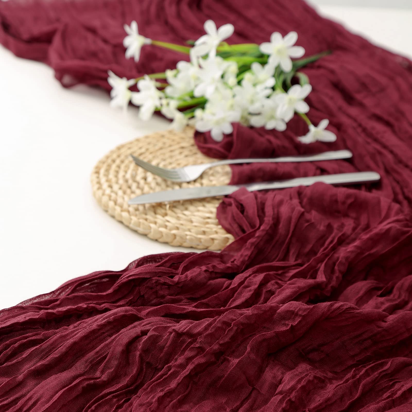 Dolopl Valentines Day Cheesecloth Table Runner Burgundy 13.3Ft Boho Gauze Cheese Cloth Table Runner Rustic Sheer Runner 160Inch