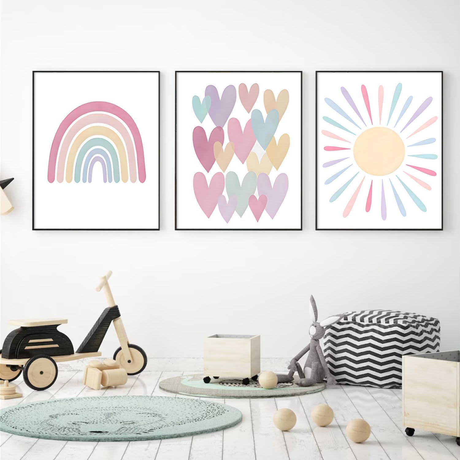 3Pcs Pink Nursery Canvas Wall Art Pastel Rainbow Sun Hearts Posters Prints Boho Pink Sunshine Painting Wall Decor Pictures For T