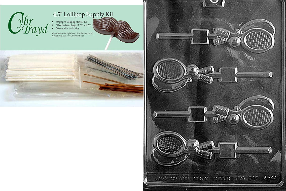 Cybrtrayd Tennis Racquet Lolly Sports Chocolate Candy Mold, Includes 50 Lollipop Sticks, 50 Cello Bags, 25 Gold And 25 Silver Tw