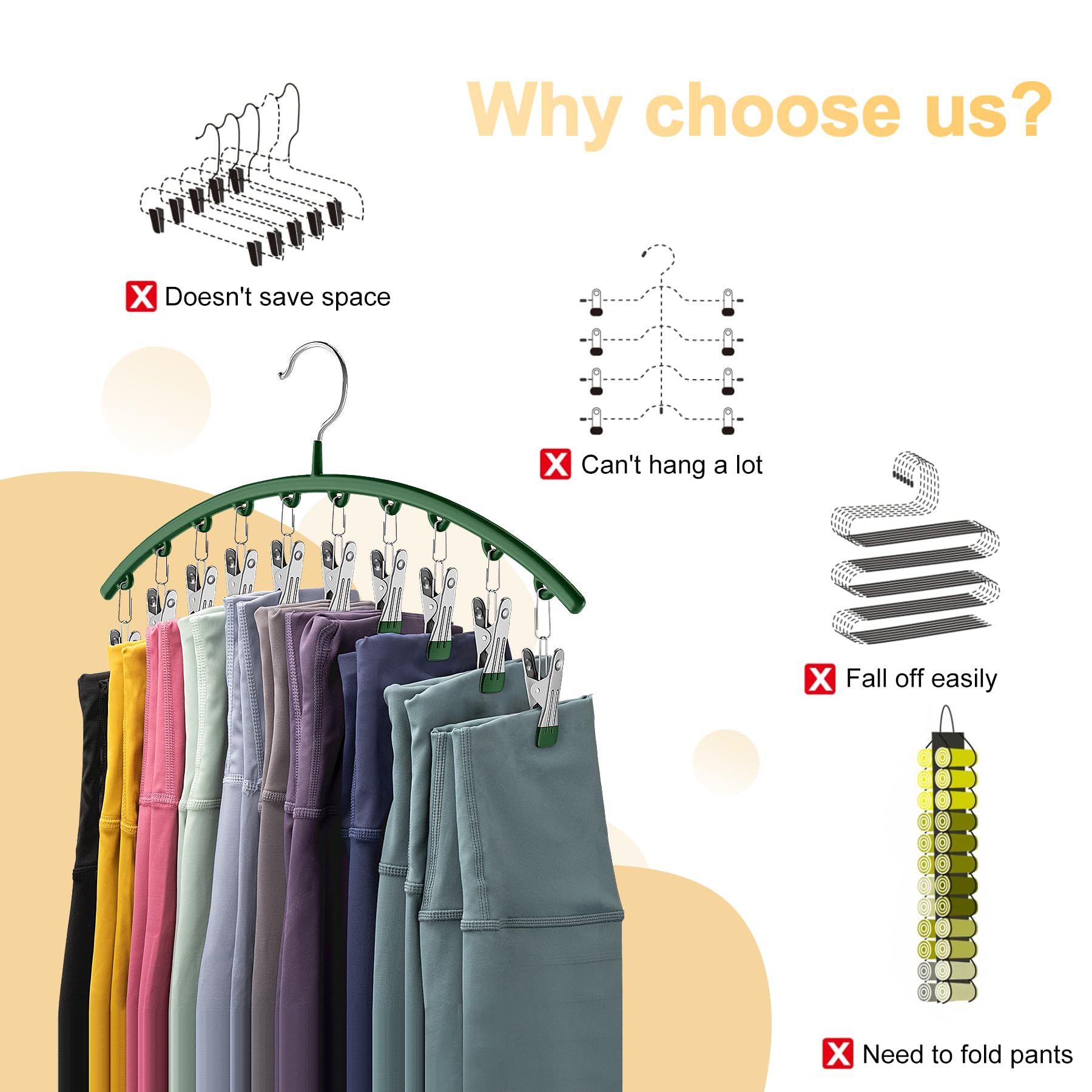 Legging Organizer For Closet, Metal Yoga Pants Hangers 4 Pack W/10 Clips Holds 40 Leggings, Space Saving Hanging Closet Organize