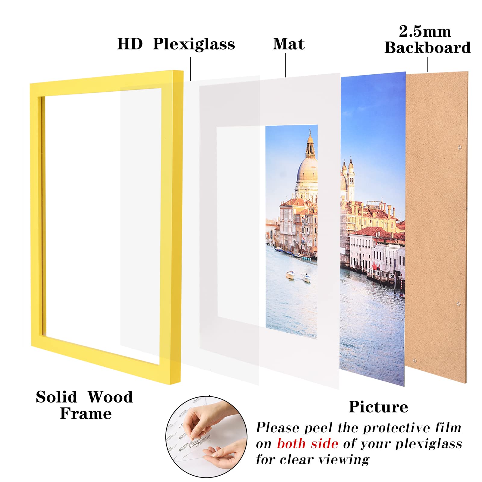 wyooxoo 12x16 Picture Frame Yellow Made of Solid Wood Photo Frames Display Pictures 11x14 with Mat or 12x16 Without Mat Colorful