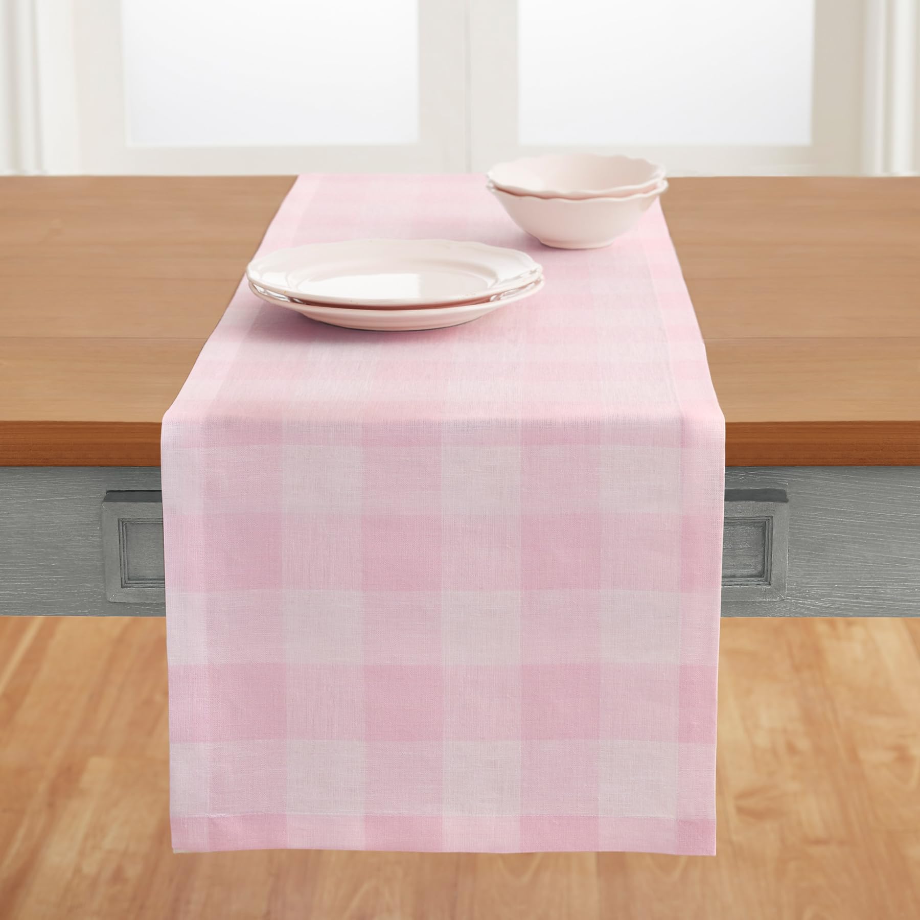 Solino Home Buffalo Check Linen Table Runner 108 Inches Long - 100% Pure Linen Marshmellow Pink Plaid Table Runner 14 X 108 Inch
