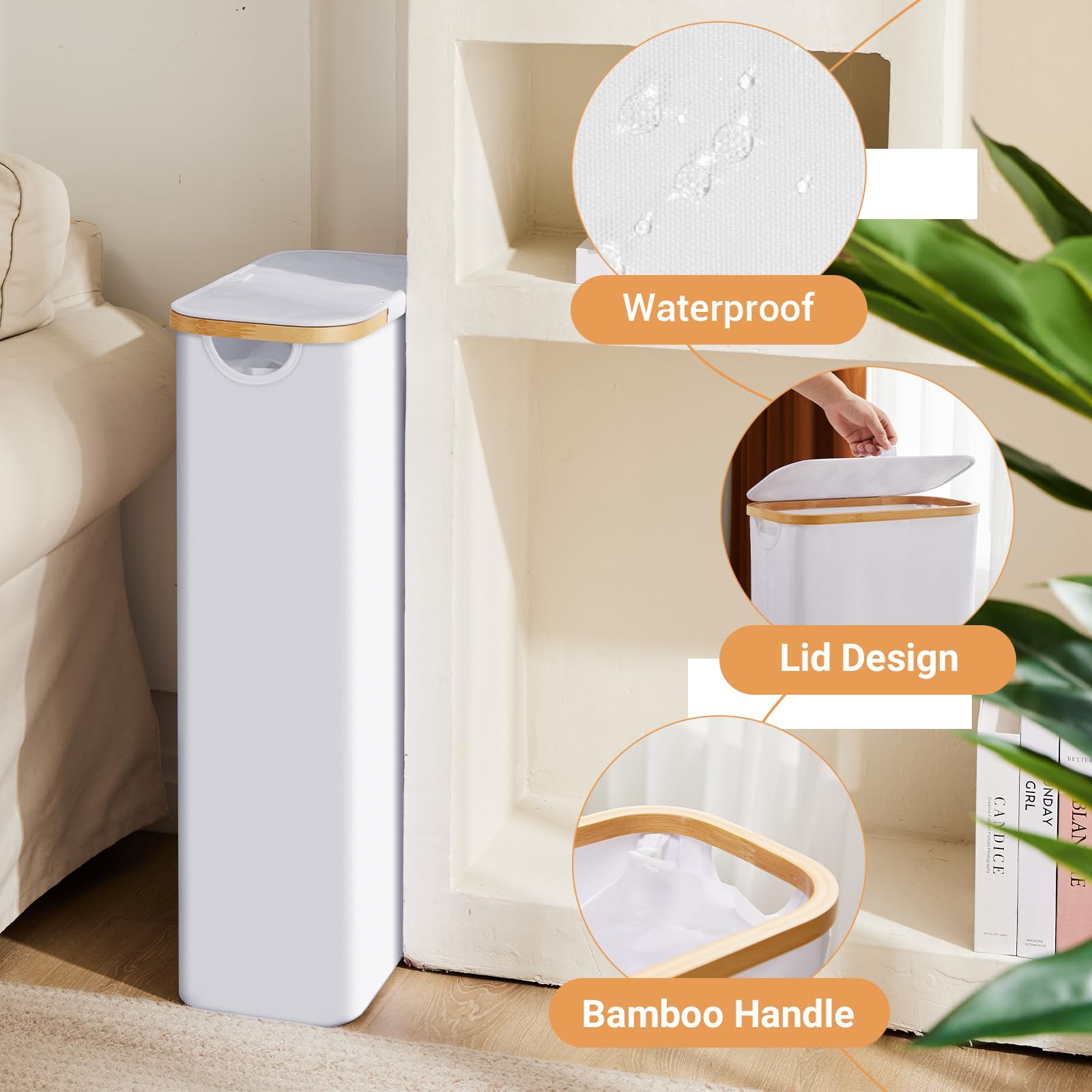 Fiona'S Magic Slim Laundry Hamper With Lid, 63L Narrow Laundry Basket With Removable Bag, White Collapsible Dirty Clothes Basket