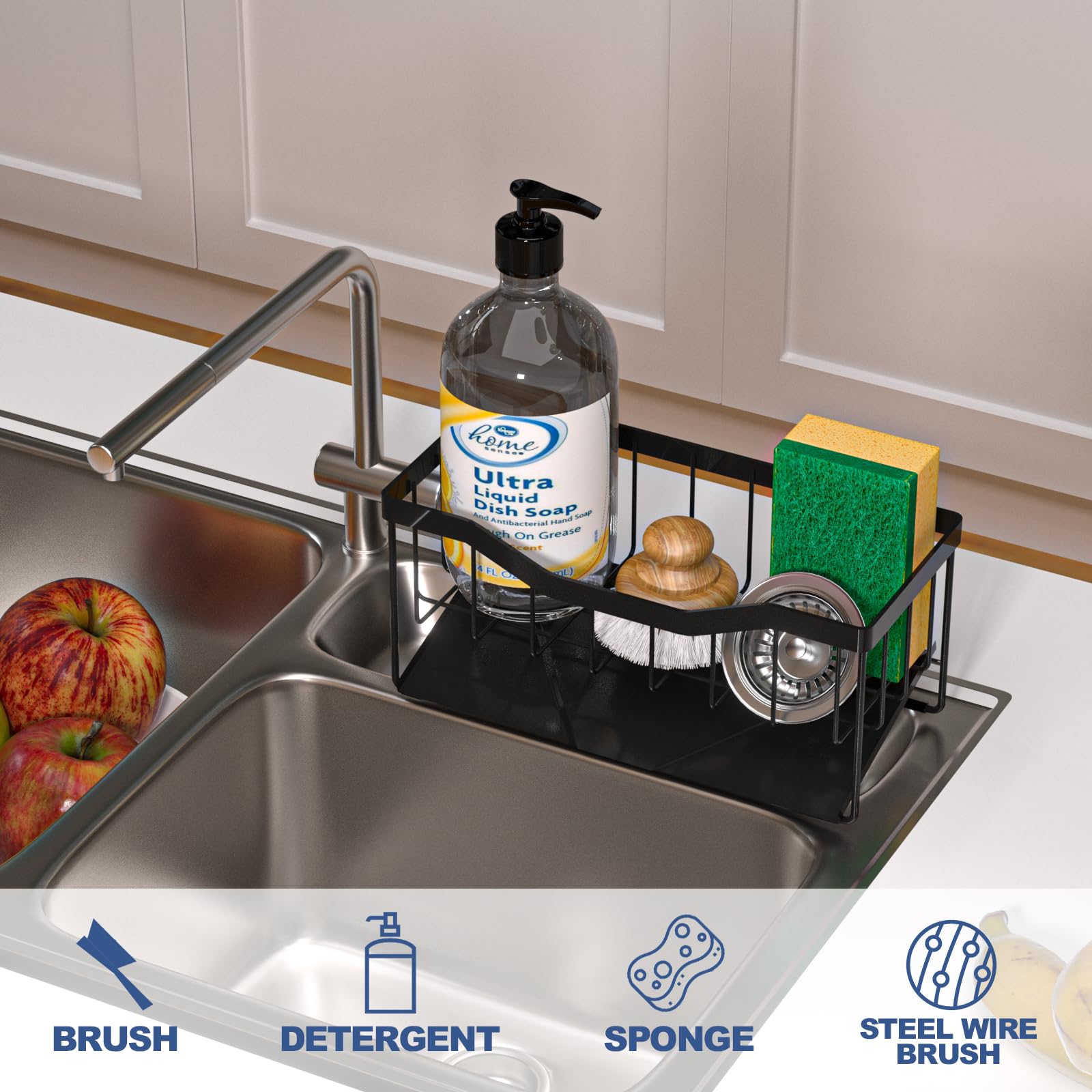 Vanwood Sponge Holder For Kitchen Sink With Auto Draining Tray, Sink Caddy Kitchen Sink Cocina Organizer, Self Drain Dish Soap S