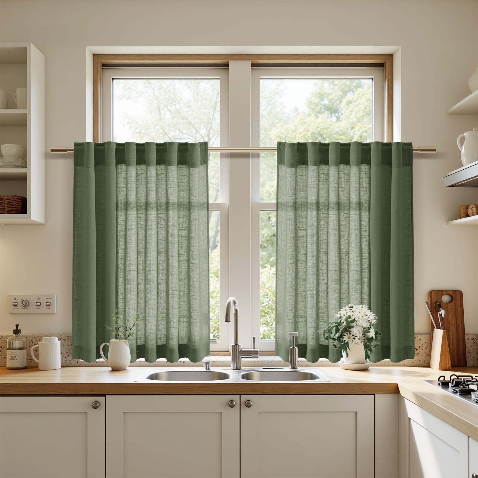 Nanspring Short Linen Curtains 36 Inch Length for Kitchen Windows Over Sink Olive Green Light Filtering Back Tab and Rod Pocket