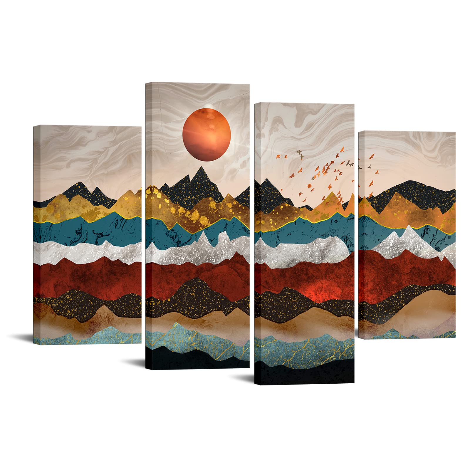 Large 4 Piece Canvas Art The Precious Mountains Colorful Landscape Picture Giclee Prints Nature Wall Art Mid Century Art Wall De