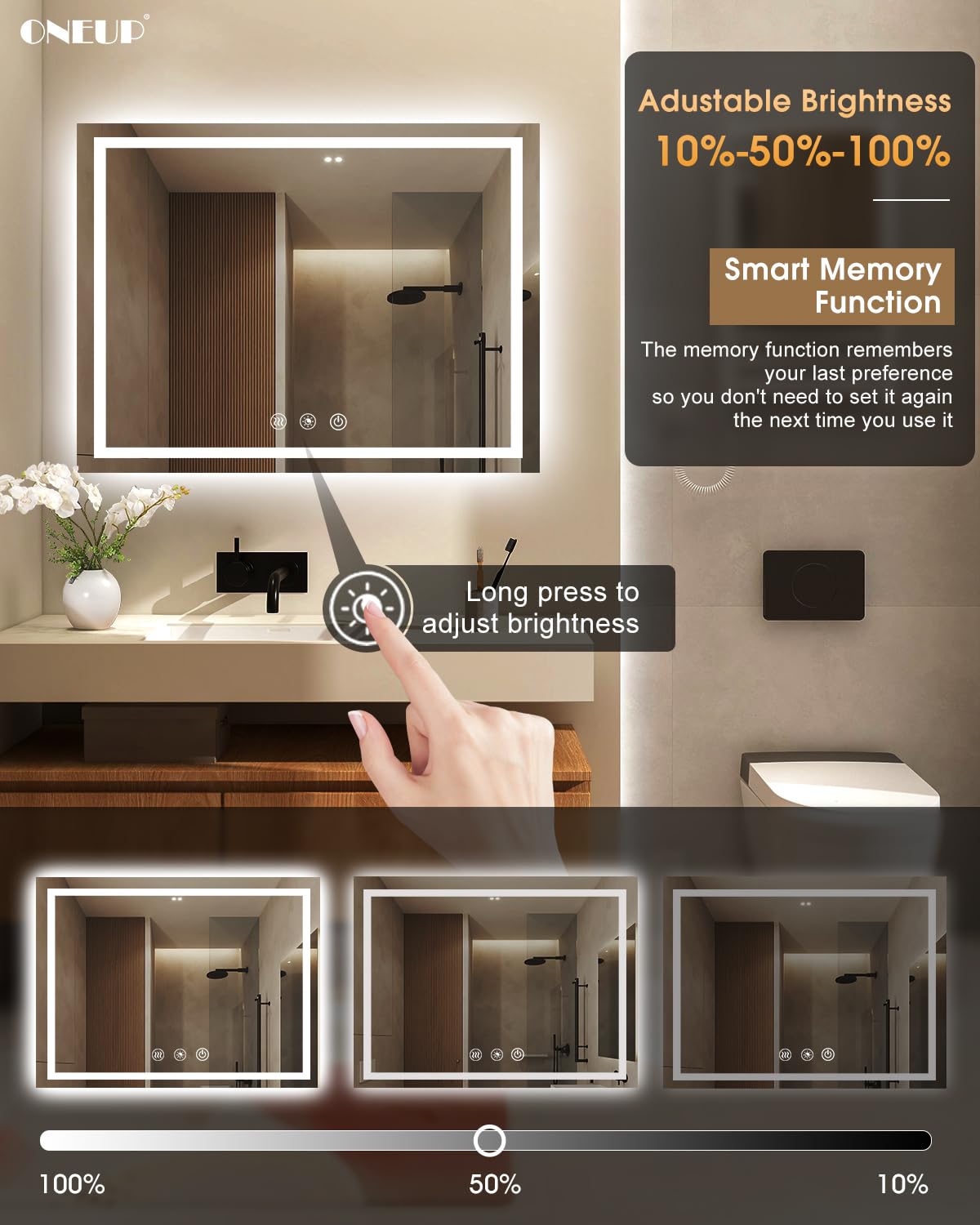 Oneup 48X36'' Led Bathroom Mirror,Lighted Bathroom Mirror With Lights,Dimmable 3 Colors Temperature,Anti-Fog,Modern Led Vanity M