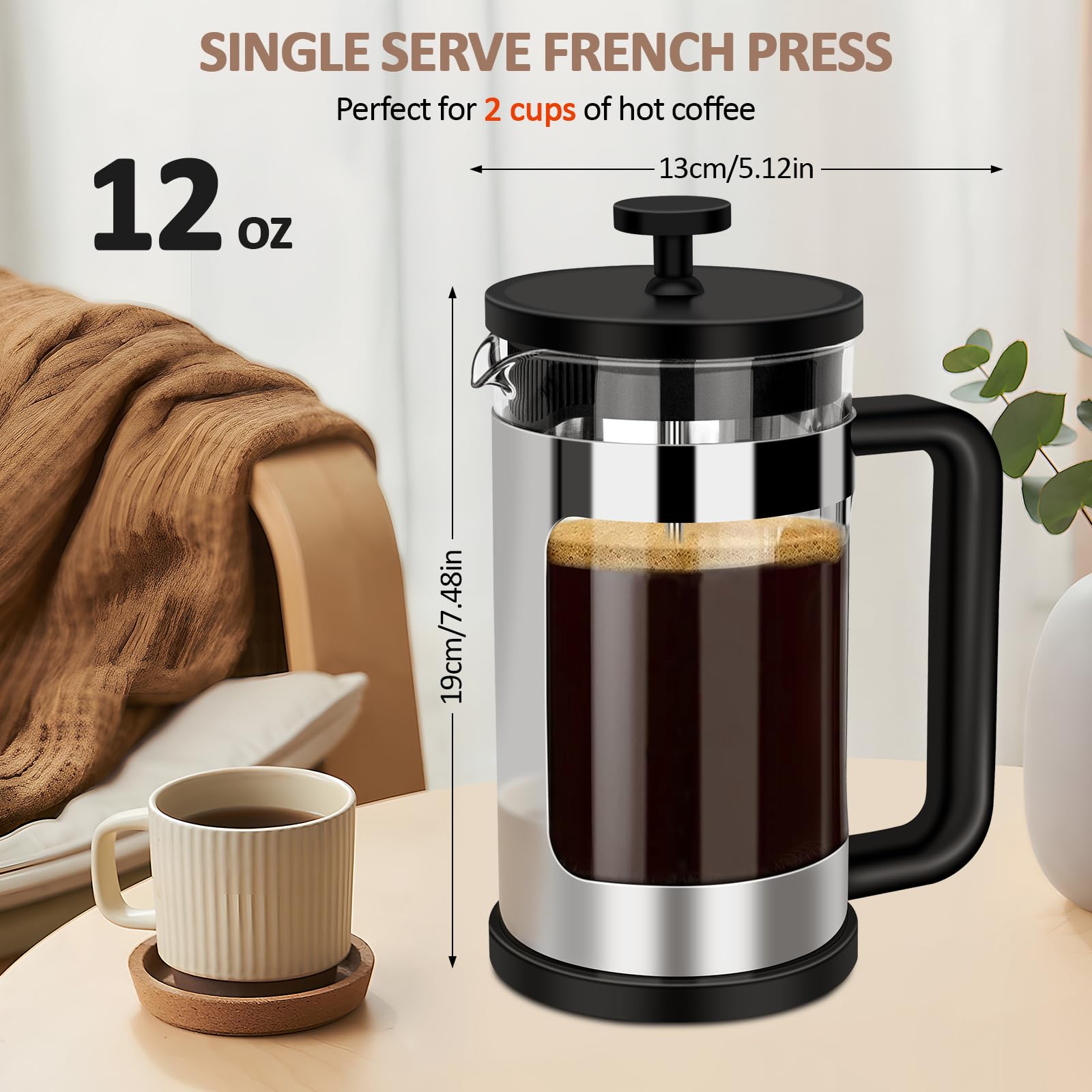 Rainbean French Press Coffee Maker 12 Oz, Mini Coffee Press 1 Cup, Single Serve French Press, With 3 Filterations, Heat Resistan
