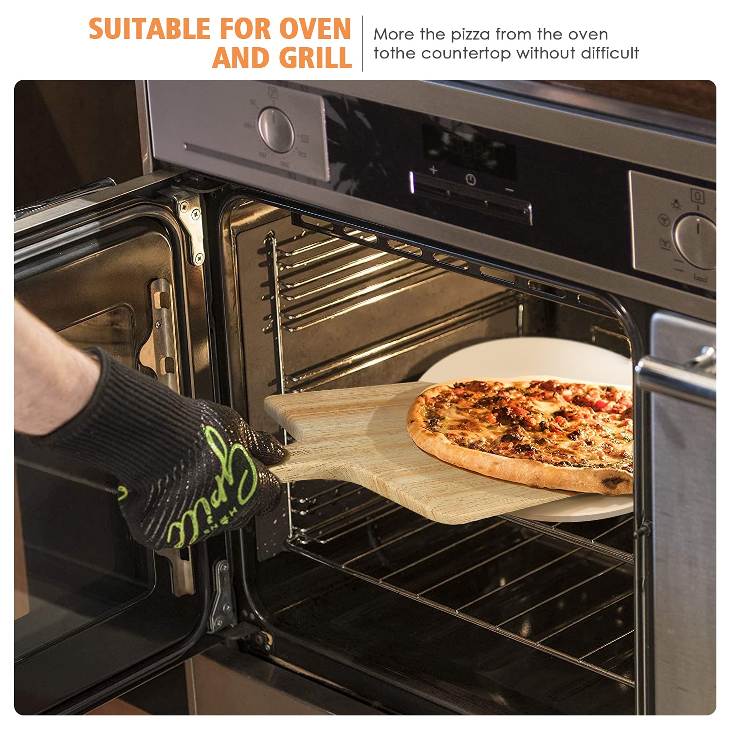 5 Pcs Round Pizza Stone Set, 13'' Pizza Stone For Oven And Grill With Pizza Peel(Oak),Serving Rack, Pizza Cutter & 10Pcs Cooking
