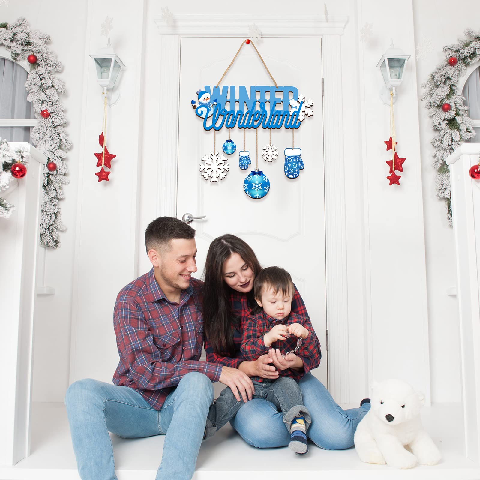 Namalu Winter Wonderland Ornaments Wooden Blue and White Christmas Decorations Door Sign Snowflake Glove Ornaments for Xmas Wint
