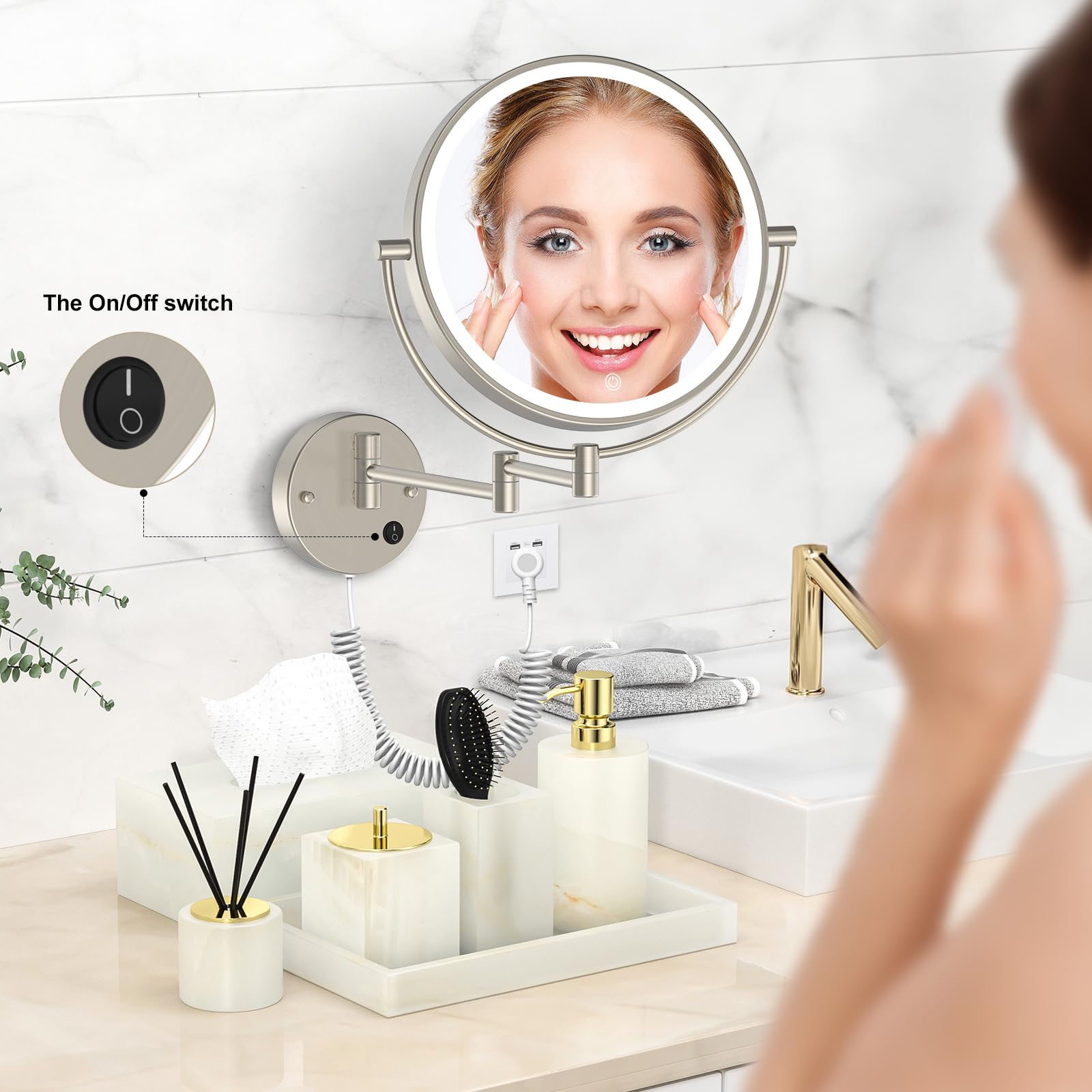 Rocollos 9'' Plug-In Wall Mounted Lighted Makeup Mirror 1X/10X Magnification, Super Large Double Sided Led Vanity Mirror For Bat