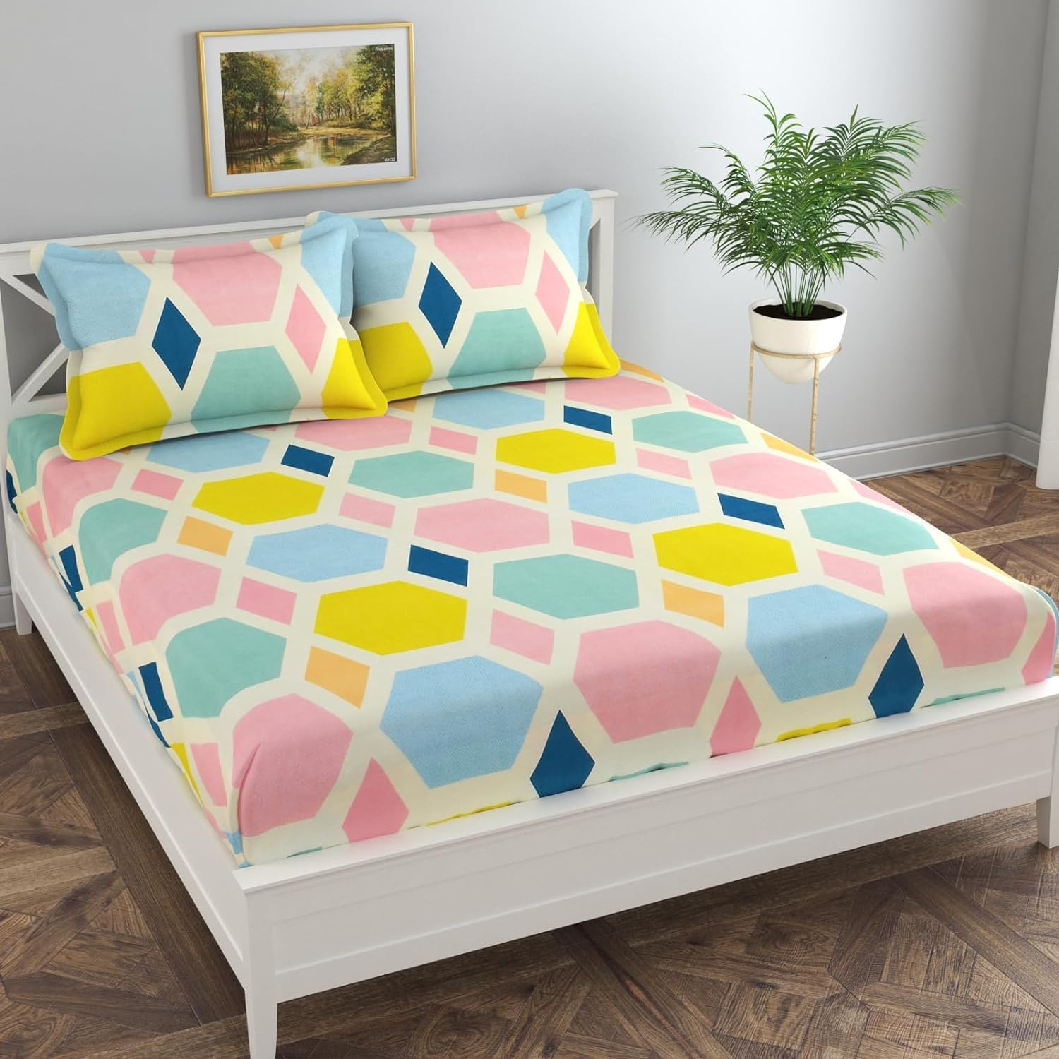 Kawi Cotton 200 Tc King Size Elastic Fitted Double Bedsheet (72X78X8 Inches) With 2 Pillow Covers- Yellow Base Color