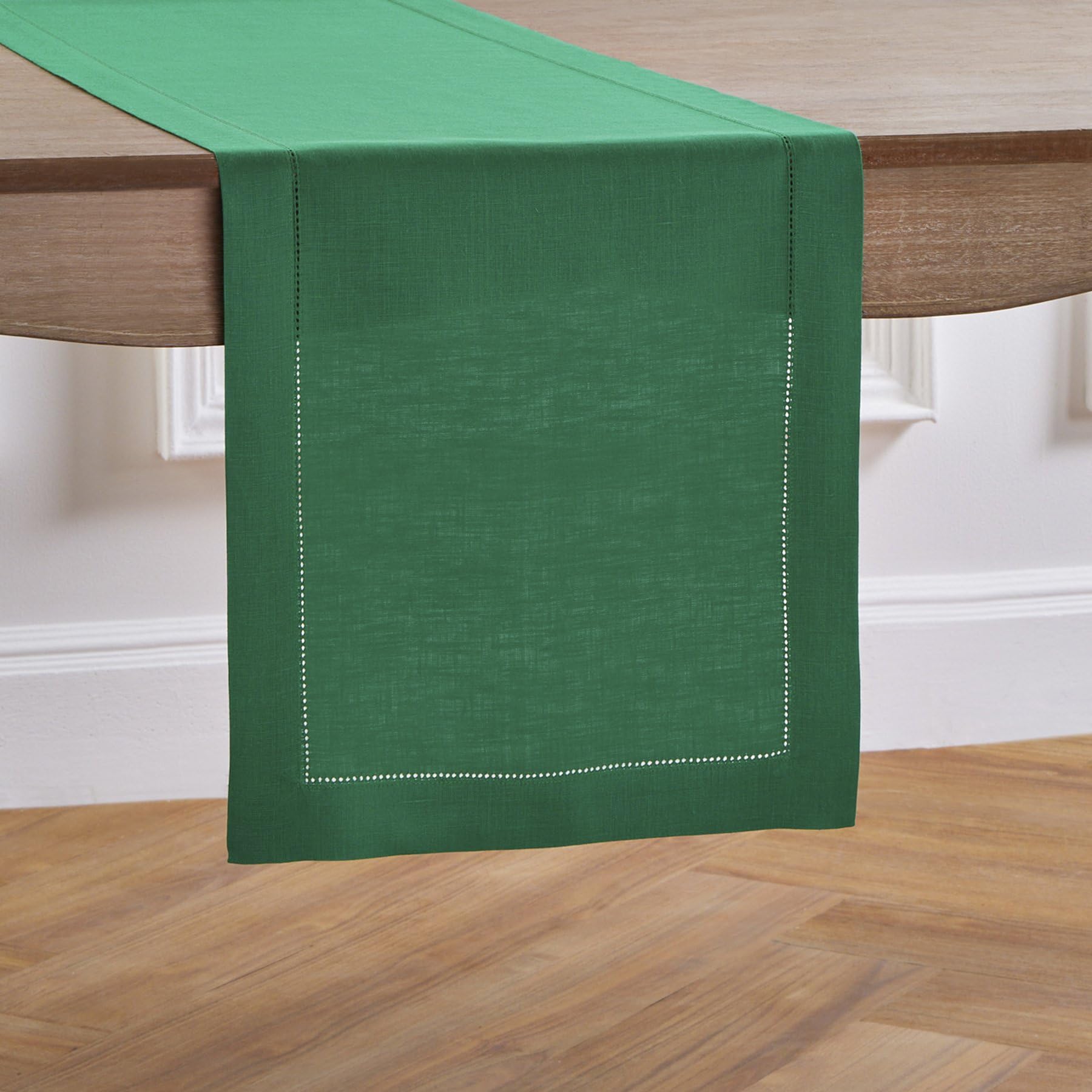 Solino Home Emerald Green Linen Table Runner 108 Inches Long - 100% Pure Linen Classic Hemstitch Table Runner 14 X 108 Inch - Ma