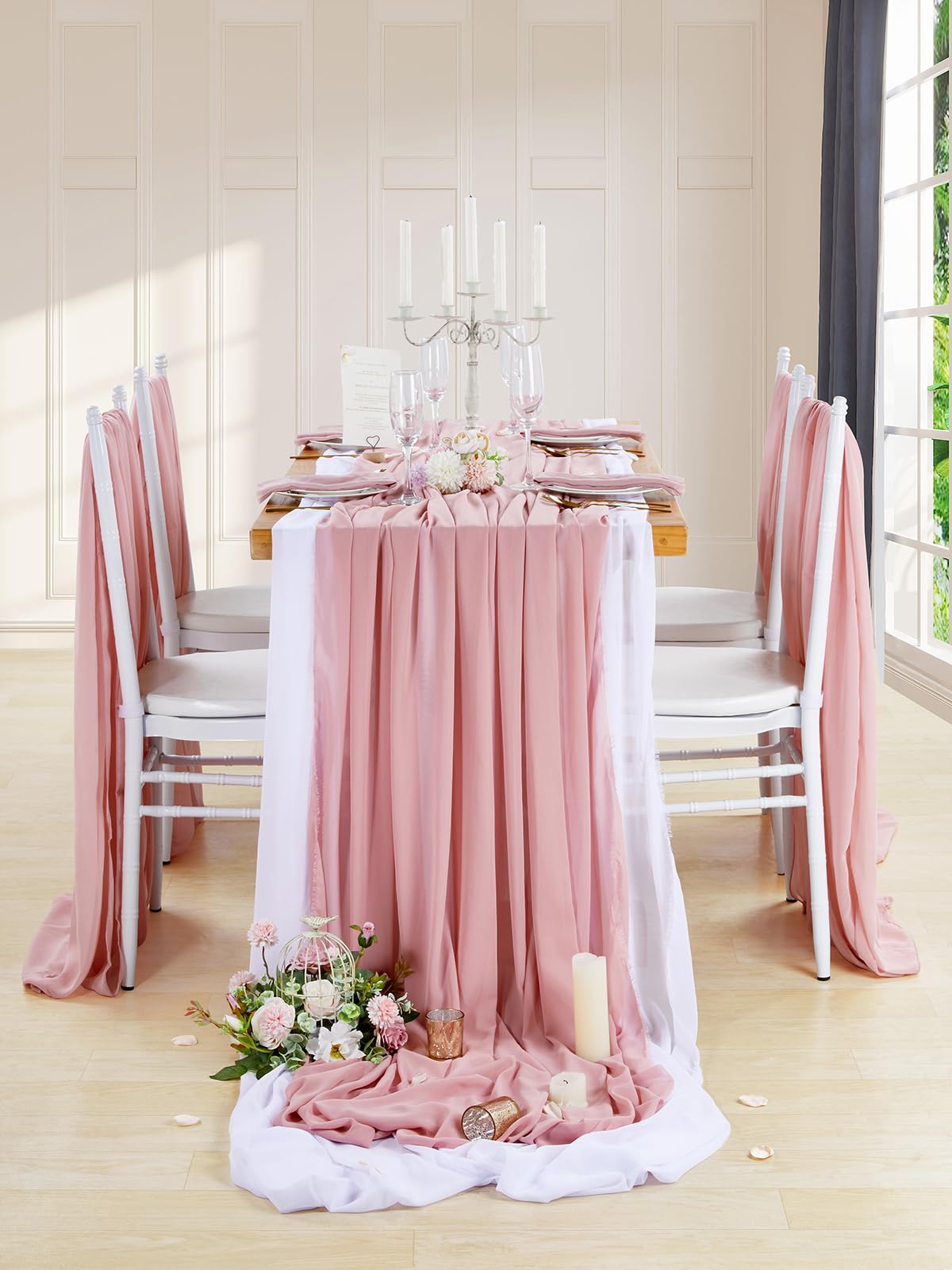 Queendream 10Ft Table Runners 27X120 Inches 5 Pieces Dusty Rose Chiffon Sheer Wedding Runner For Romantic Rustic Christmas Baby