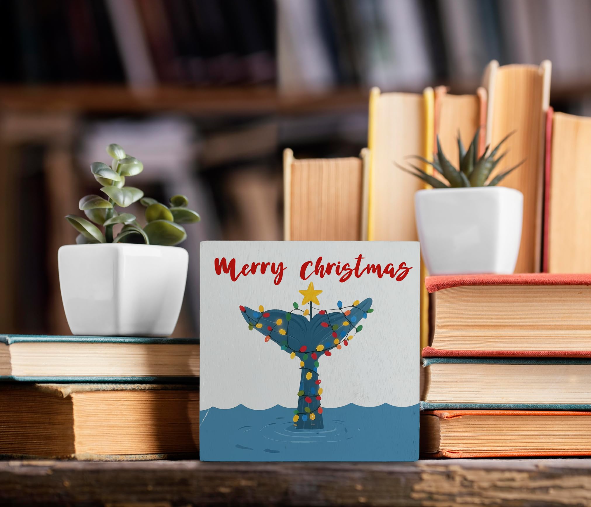 kunlisa Coastal Christmas Whale Tail Wooden Sign, Christmas Beach Decor, Nautical Xmas Ocean Whale Holiday Wood Box Sign for Hom