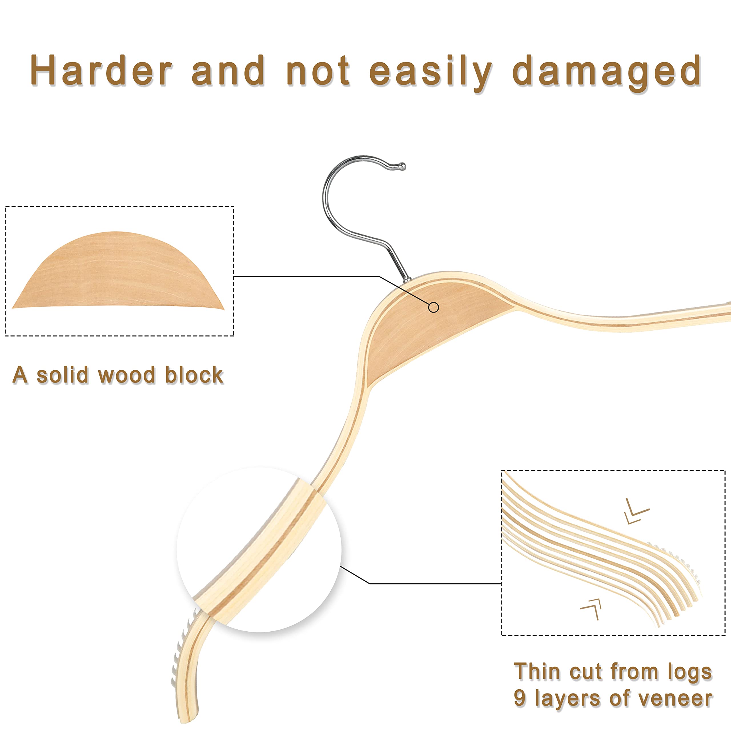 Topia Hanger Slim Natural Wood Hangers With Extra Soft Non-Slip Rubber Grips, 18-Pack High-Grade Fashion Hanger No Shoulder Bump