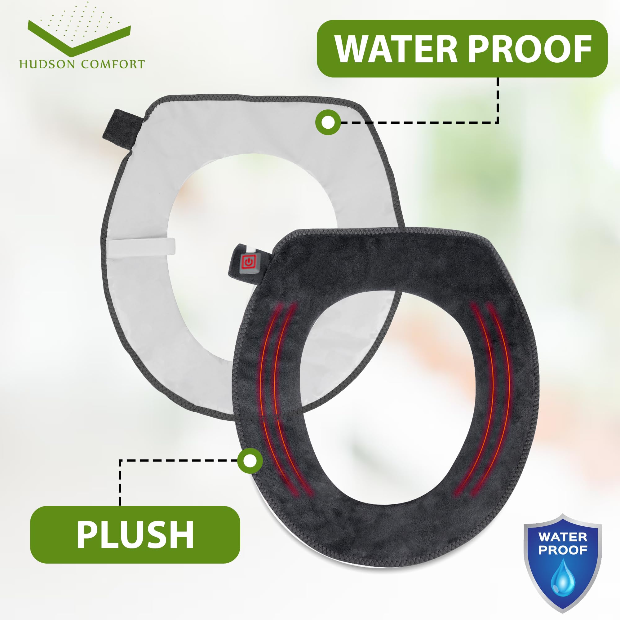 Hudson Comfort Heated Toilet Seat Cover - USB Powered, Adjustable Temperature, Soft Plush Fabric, Round, Gray