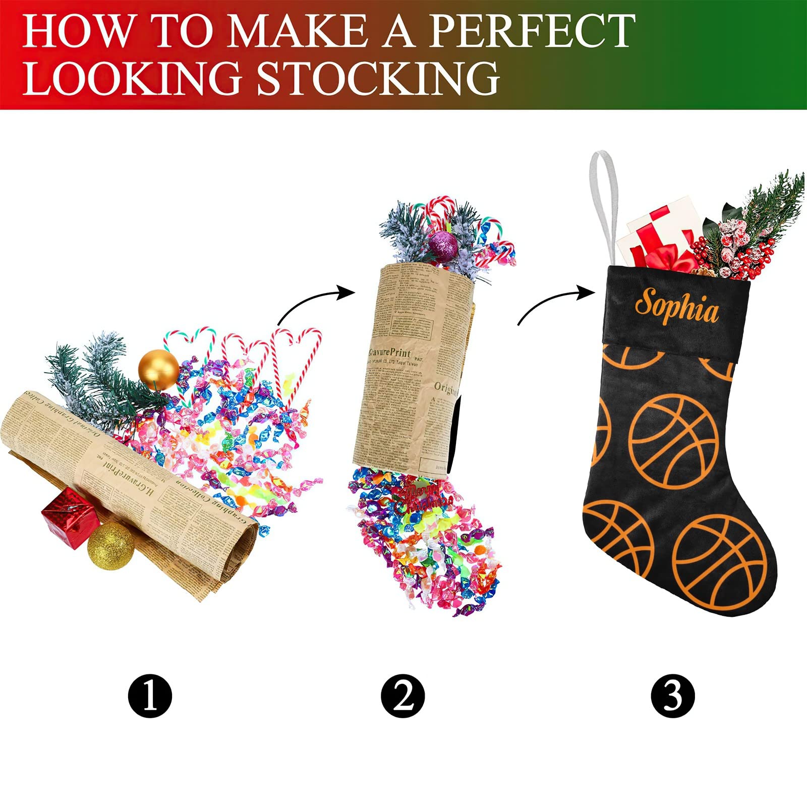 Cool Sports Basketball Christmas Stocking with Name Custom Xmas Stockings for Family Wedding Party Decor 17.52 x 7.87 Inch