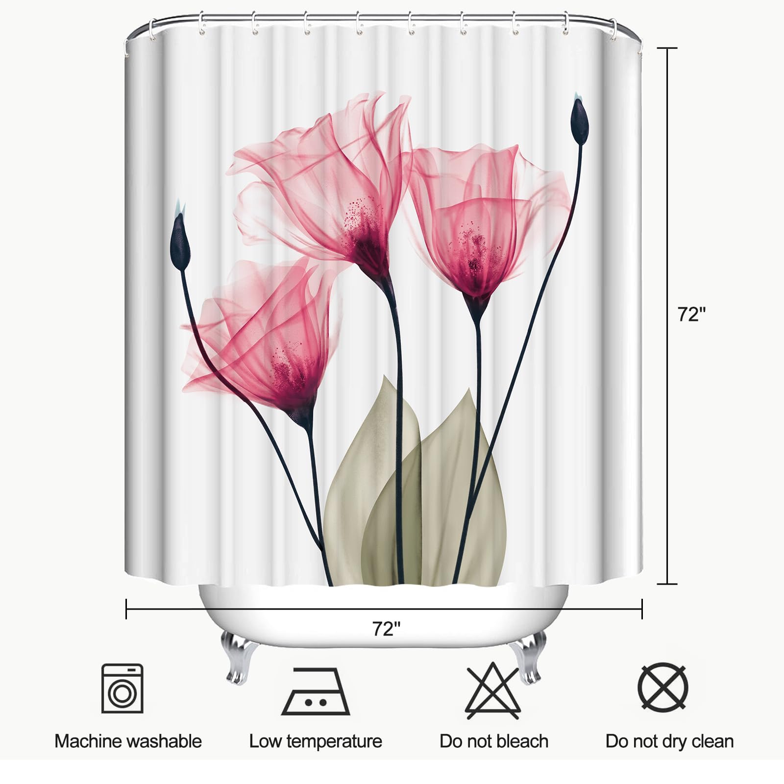 Zchomi Pink Floral Shower Curtain Watercolor Tulip Flower Shower Curtain For Bathroom Waterproof Polyester Fabric Bathroom Curta