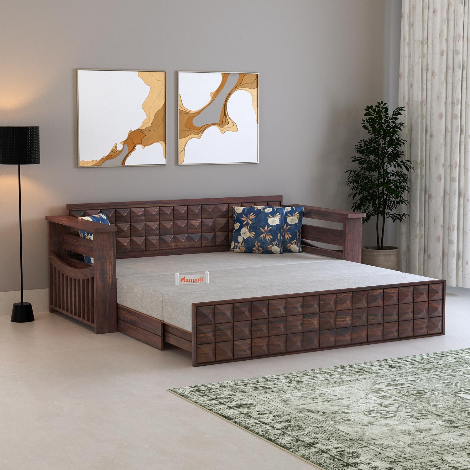 Ganpati Arts Solid Sheesham Wood 3 Seater Diamond Sofa Cum Bed With Storage And Side Pockets Wooden Sofa Bed For Home  (Walnut 