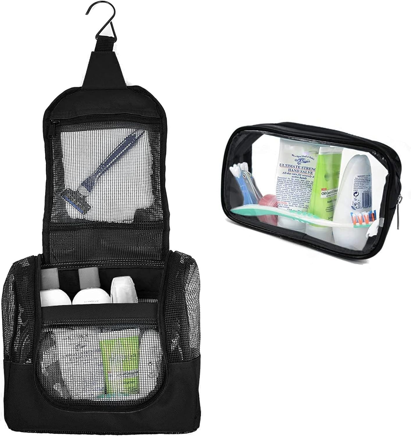 The Fine Living Co. Portable Hanging Shower Caddy Organizer Bag (Free Toiletries Case+Metal Hook) Quick Dry Mesh Shower Caddy To