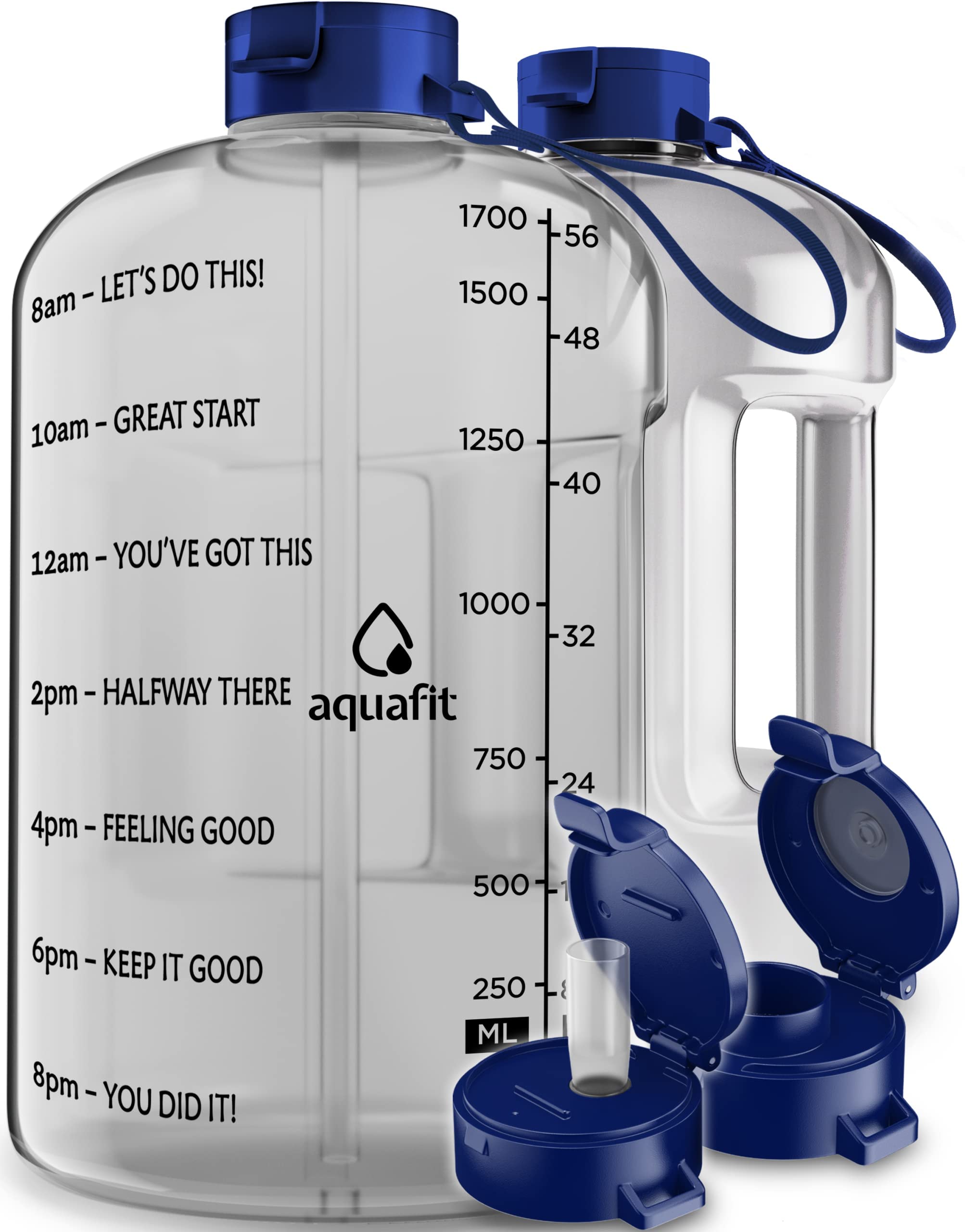 Aquafit Half Gallon Water Bottle With Time Marker - 64 Oz Water Bottle With Straw - Gym Water Bottle With Strap - Big Water Bott