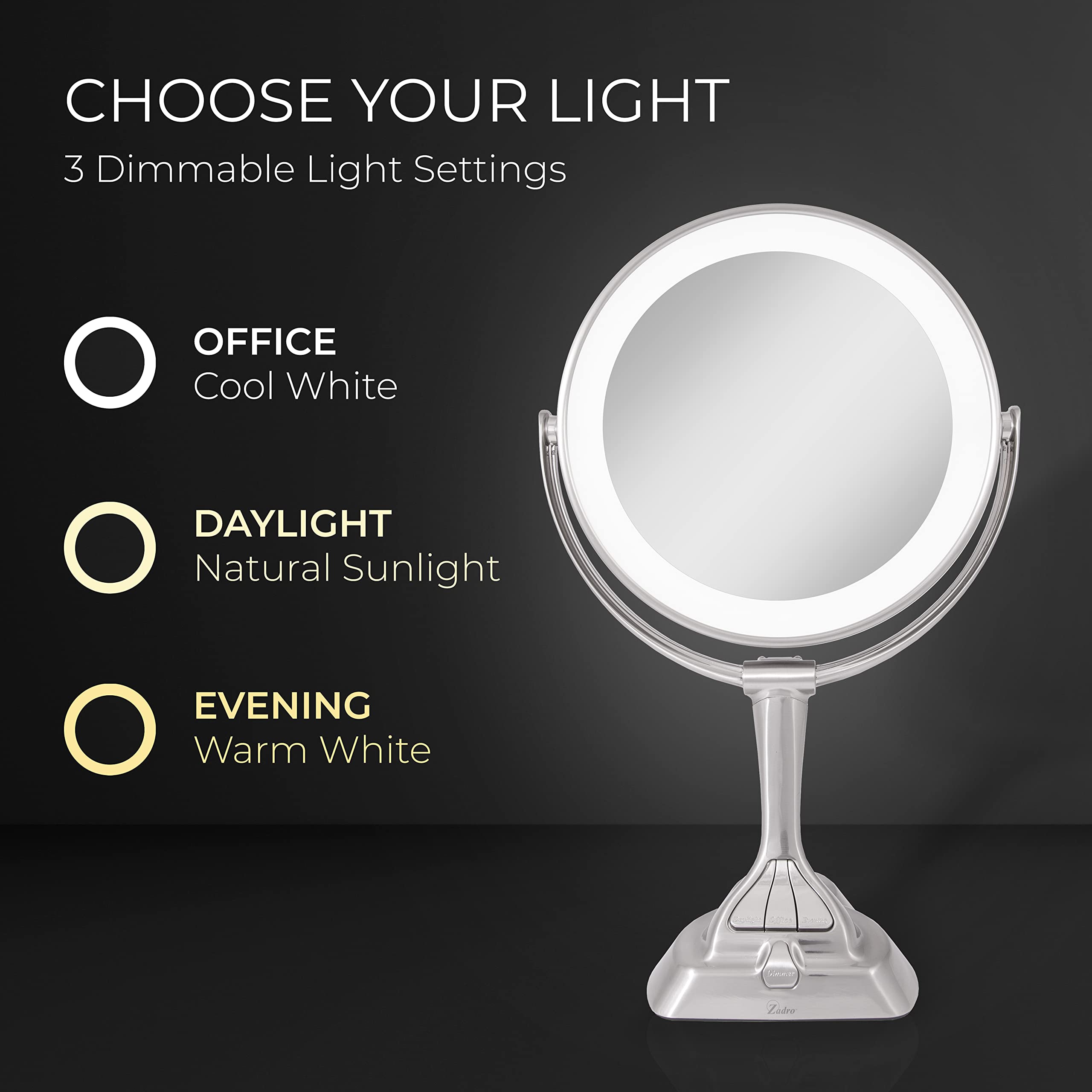 Zadro 9'' Round Dimable 3 Led Light Color Dual-Sided Magnified Makeup Mirror, Touch Dimmer Control (Satin Nickel, 10X/1X)