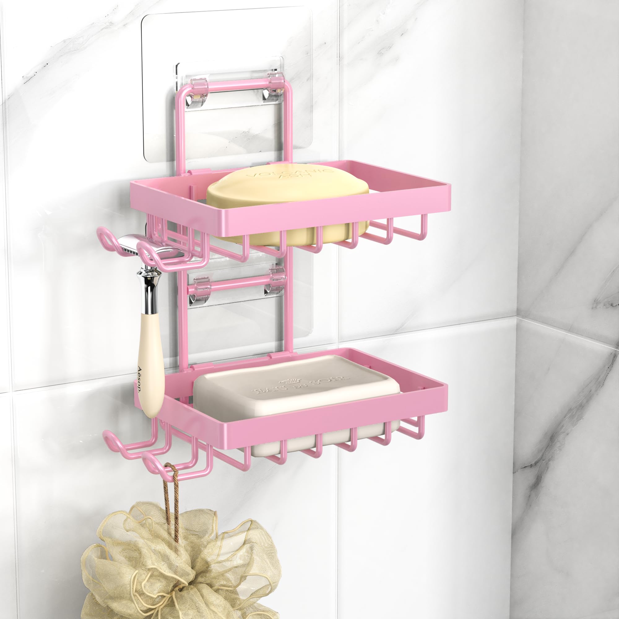 Moforoco Pink Double Soap Bar Holder For Shower, No Drilling, 304 Rustproof Stainless Steel, Wall Mounted Soap Holder With 4 Hoo