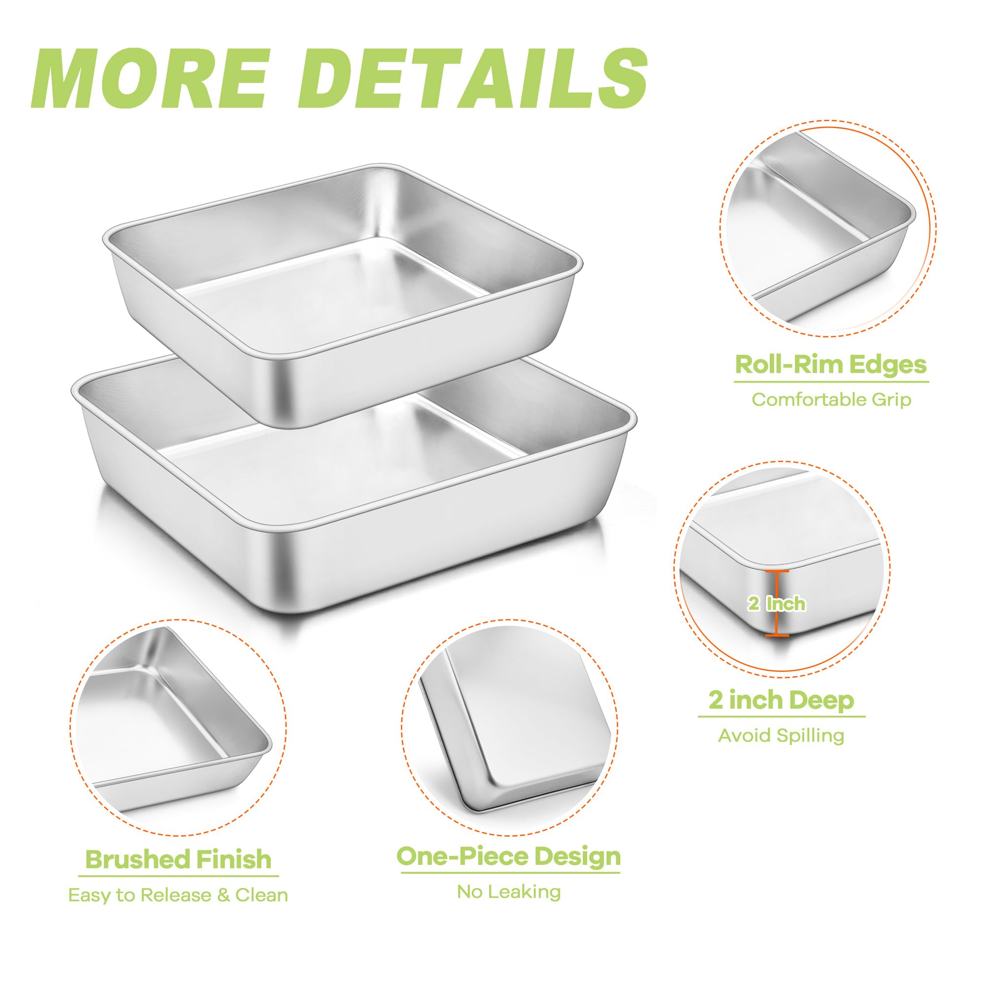 Teamfar Square Cake Pan, 8/9 Inch Stainless Steel Square Baking Pan For Cake Brownie Lasagna, Non-Toxic & Heavy Duty, One Piece