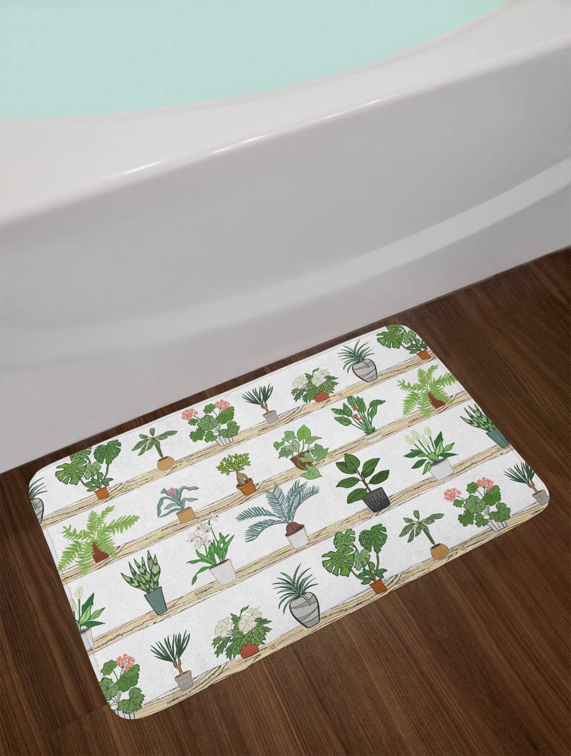 Lunarable Geranium Bath Mat, Botanical Theme With Aloe Indoor Houseplants Spider Plant Dragon Tree Calathea, Plush Bathroom Deco