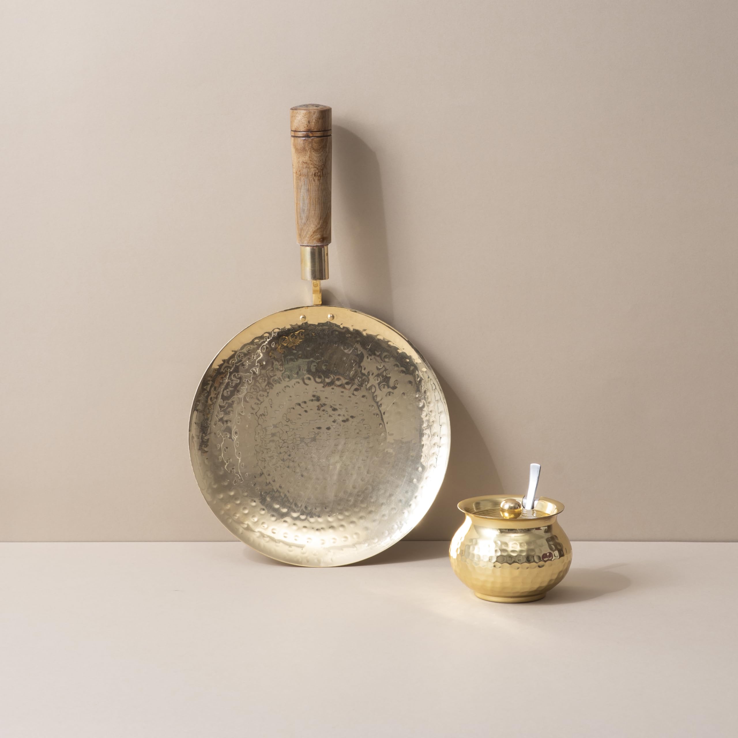 Veda Essentials. Brass Ghee Pot & Pure Brass Tawa Set For Healthier Cooking | Traditional Indian Kitchen Essentials Combo Set, 3