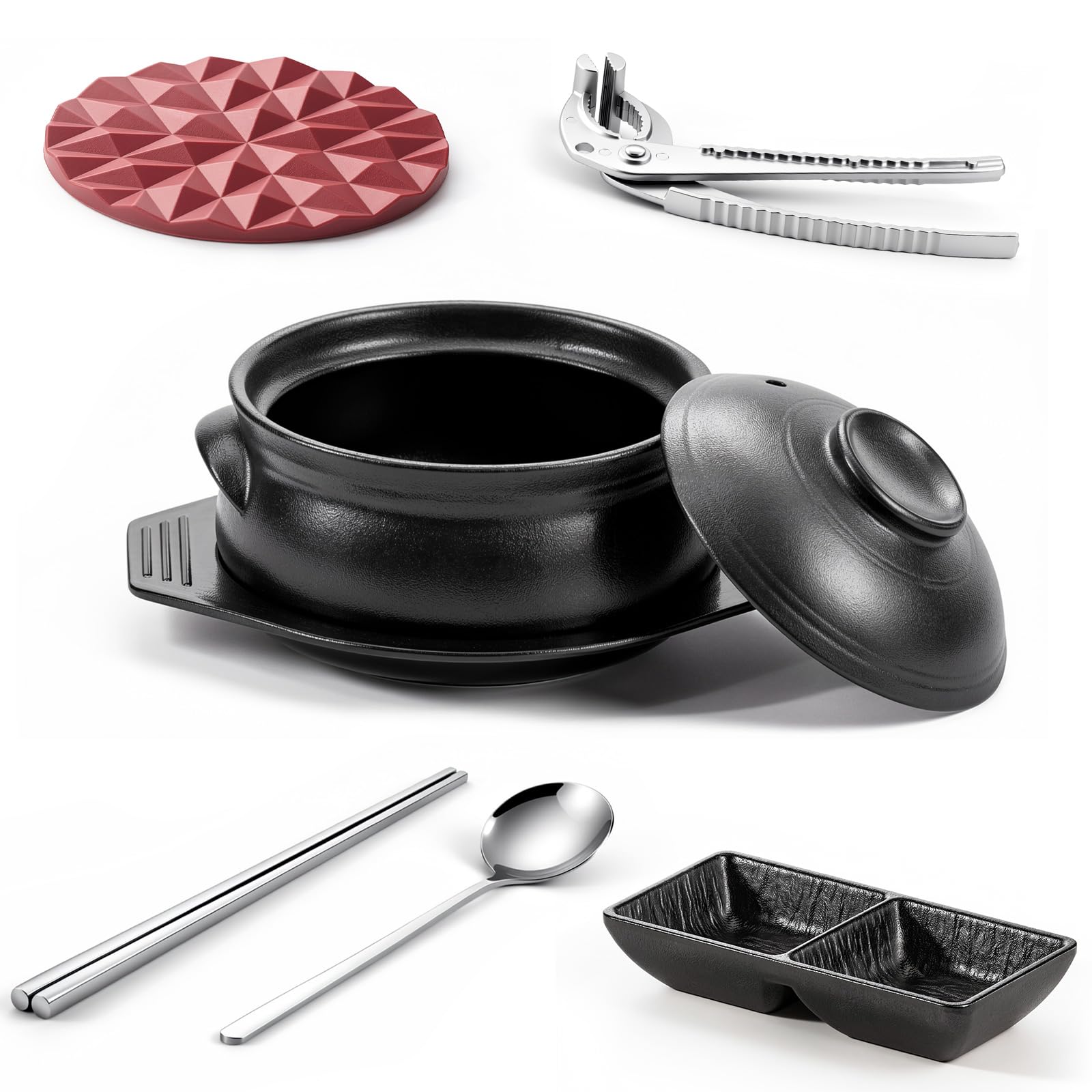 Kritkin 7 Pcs Korean Stone Pot Set with Lid, Tray and Ceramic Dolsot, Black
