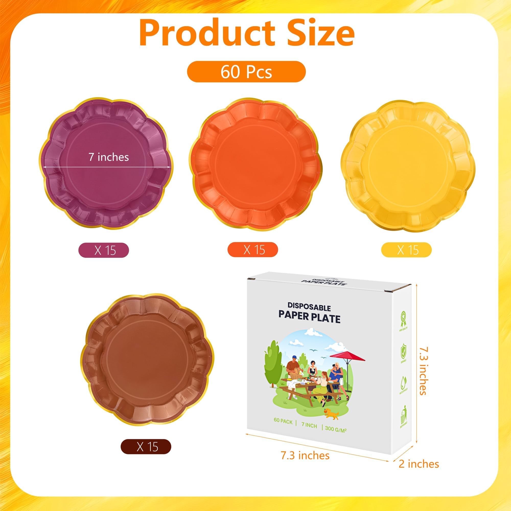 60 PCS Fall Paper Dessert Plates, 7 Inch Thanksgiving Gradient Scalloped Party Plates, Disposable Gold Foil Border Paper Plate f