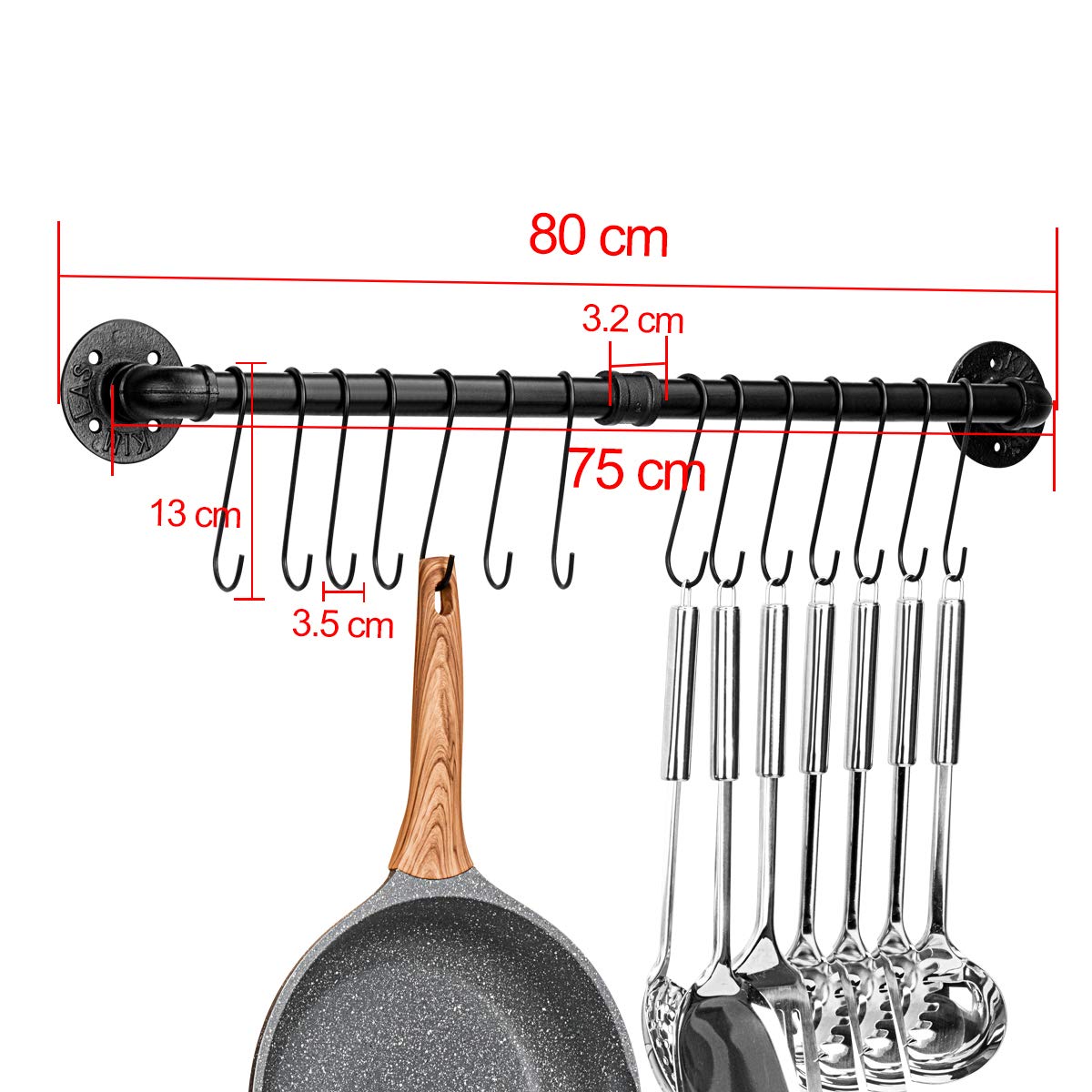 Toplife 31.5" Black Iron Pot Rack - Wall Mounted Kitchen Organizer with 14 Hooks, Model ZWJ