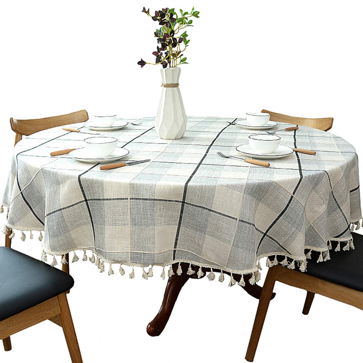 Heavy Weight Cotton Linen Tablecloth, Plaid Tassel Round Table Cover for Kitchen Dining Room Tabletop Decorations, Round - 78, G