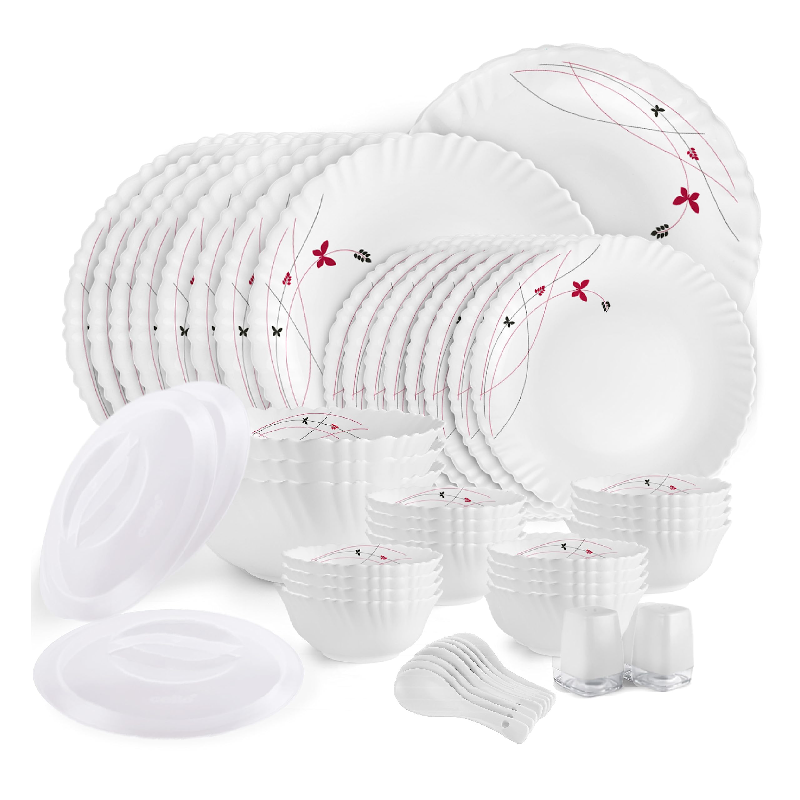 Cello Opalware Dazzle Series Lush Fiesta Dinner Set, 49Pcs | Opal Glass Dinner Set For 8 | LightWeight, Daily Use Crockery Set 