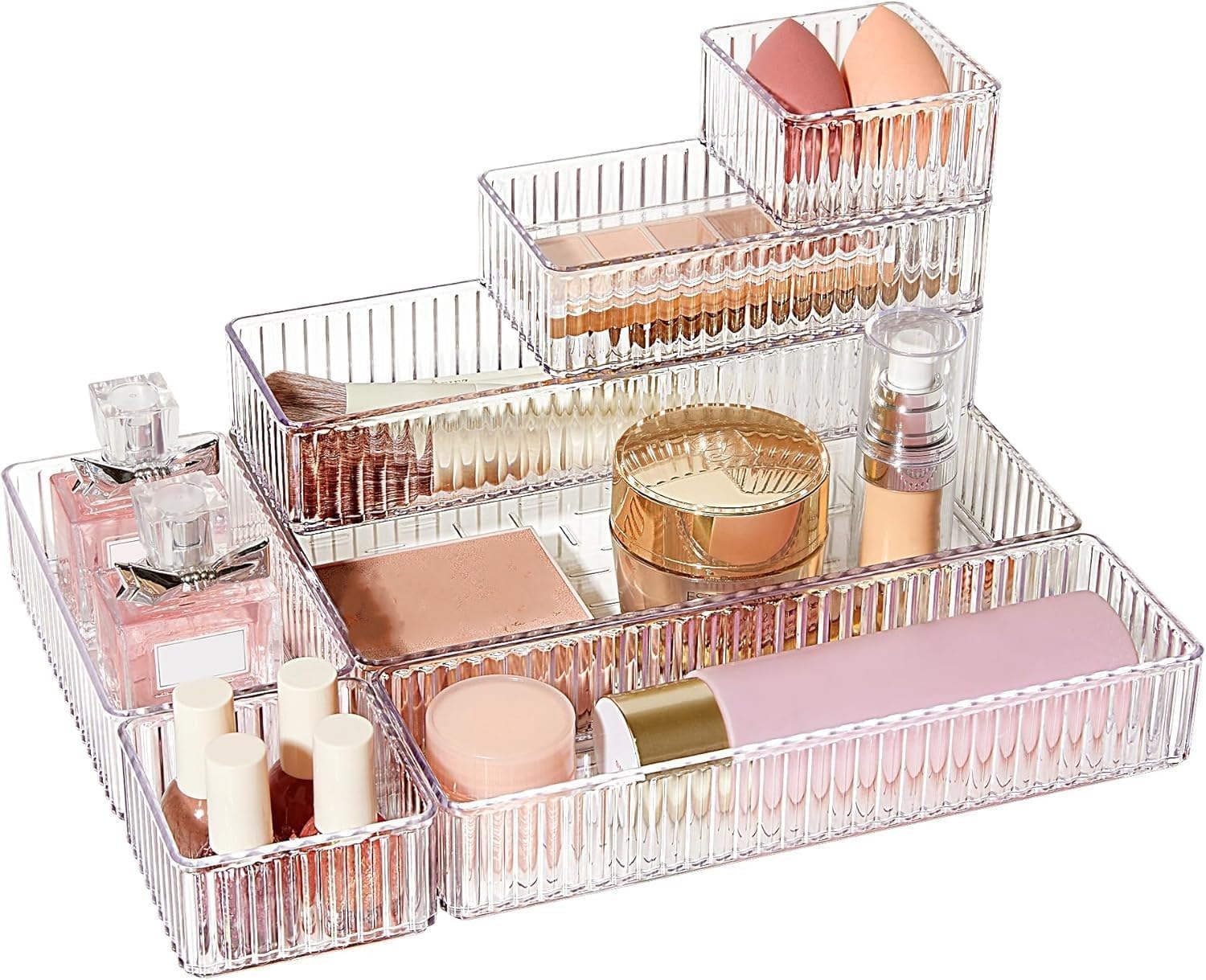 Zeinwap Clear Acrylic Makeup Organiser Set, 7 Piece Stackable Cosmetic Storage Trays For Drawer, Vanity, Bathroom, Jewellery, Sk