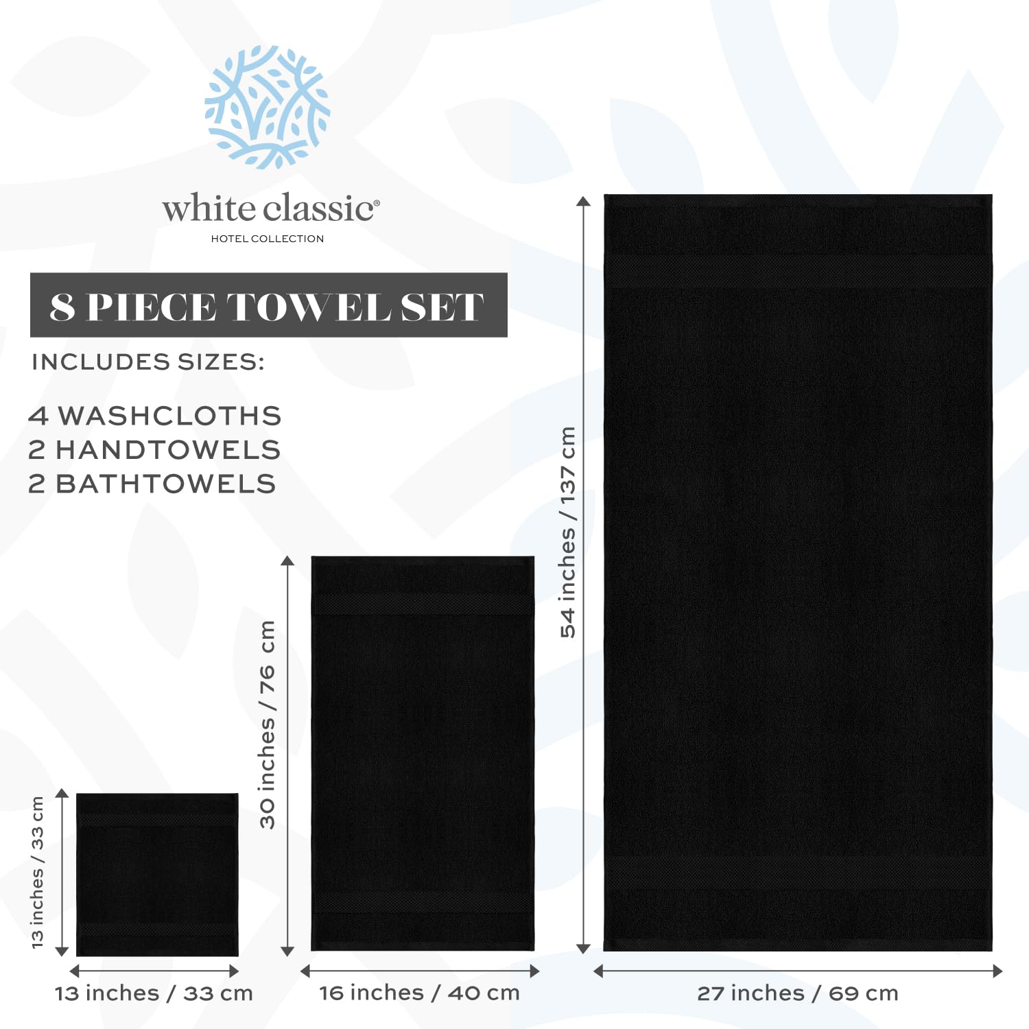 White Classic Luxury Black Bath Towel Set - Combed Cotton Hotel Quality Absorbent 8 Piece Towels | 2 Bath Towels | 2 Hand Towels | 4 Washcloths [Worth $72.95] 8 Pack | Black