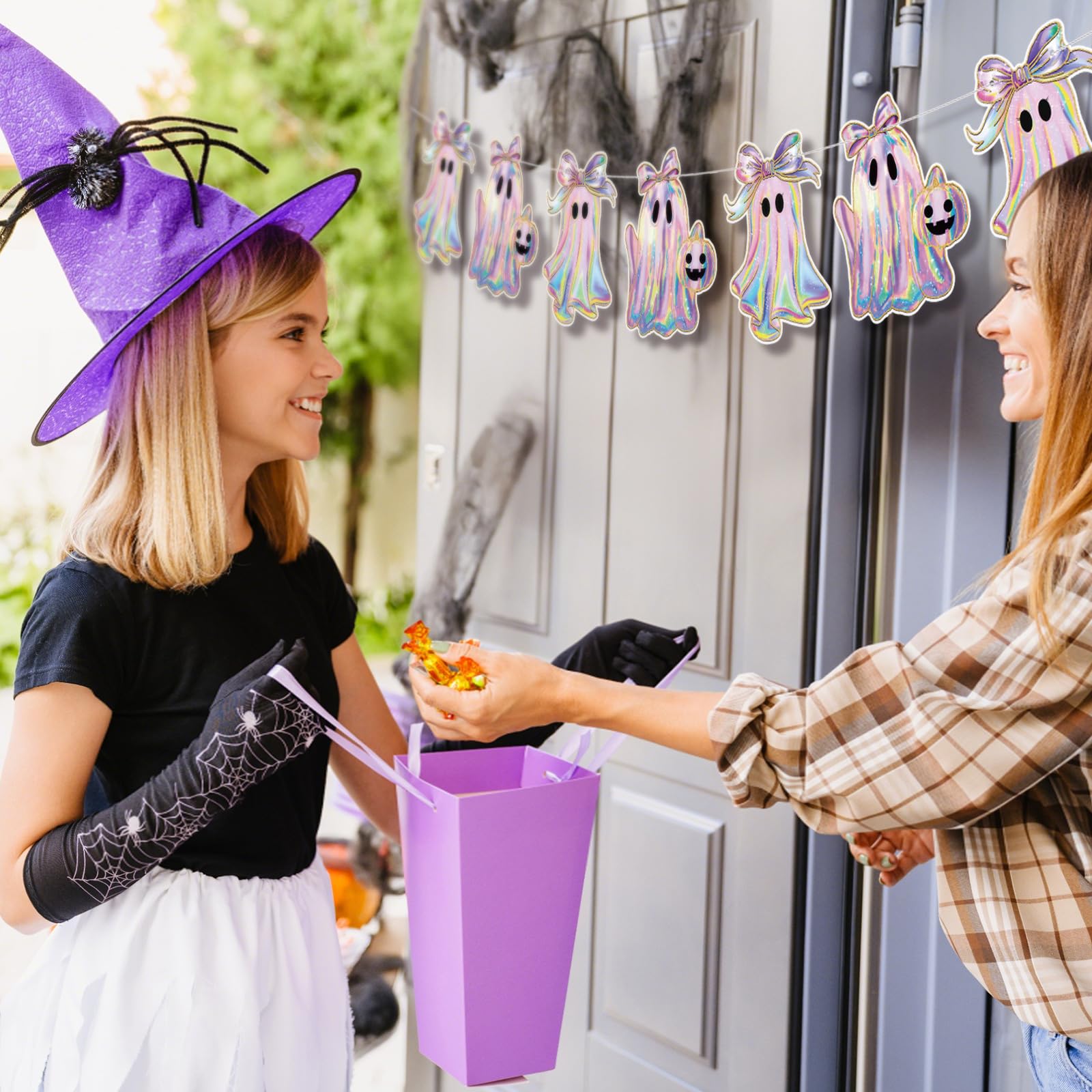 Oudain 2 Pack Halloween Ghost Garland 6.56 ft Iridescent Ghost Decor Laser Cute Boo Holographic Paper Bow Hanging Banner for Hal
